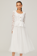 Gabrielle Beyaz Peplum Bel Tül Midi Elbise