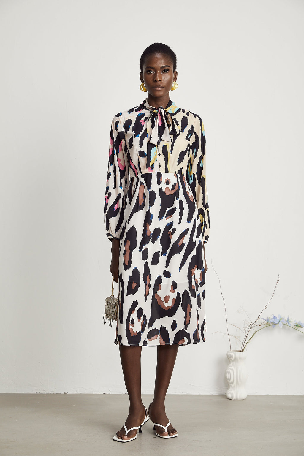Kalena Leopar Desenli Midi Elbise