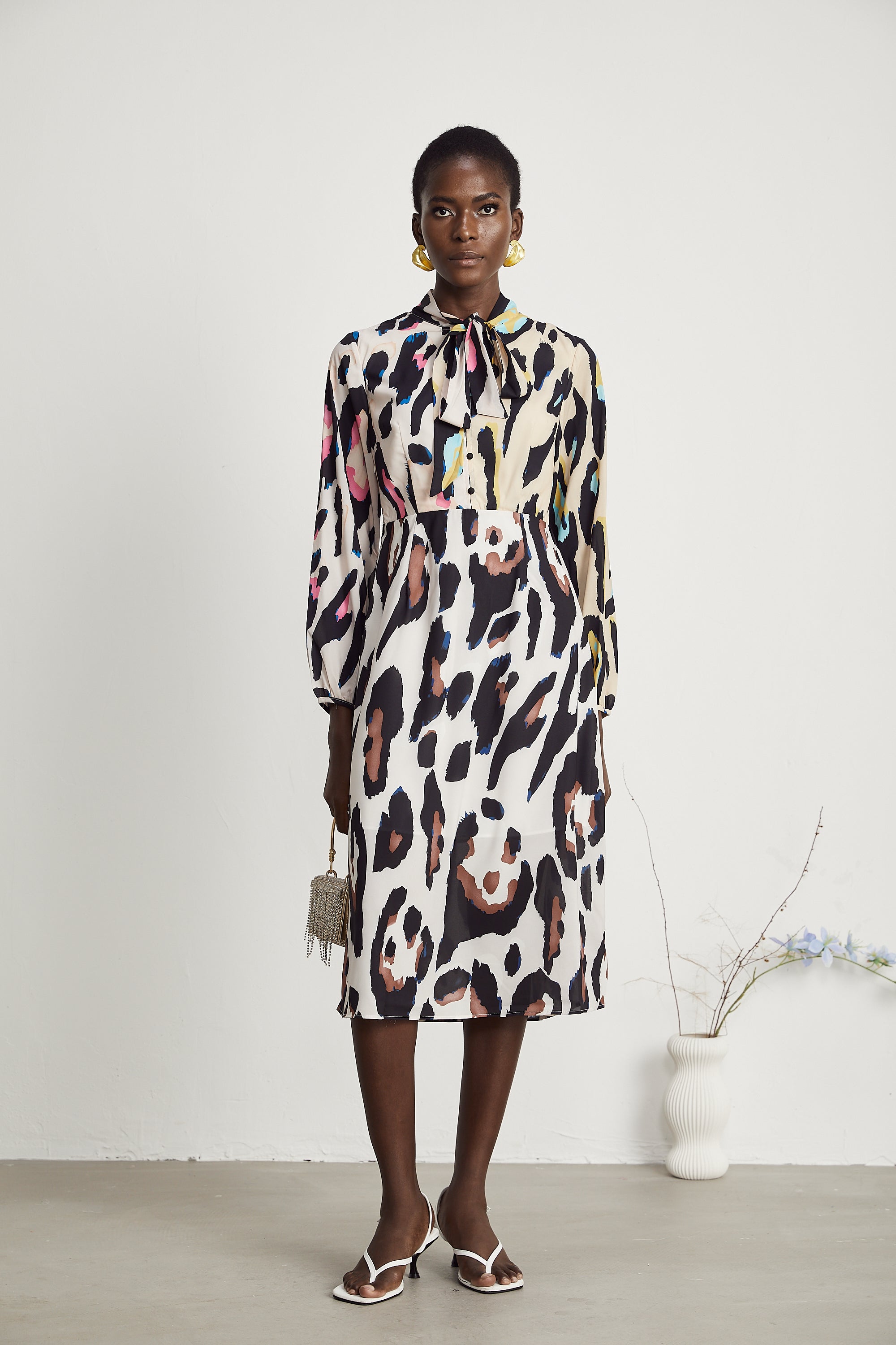 Kalena Leopar Desenli Midi Elbise