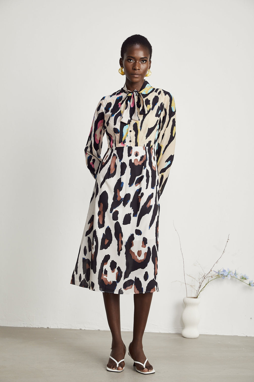 Kalena Leopar Desenli Midi Elbise