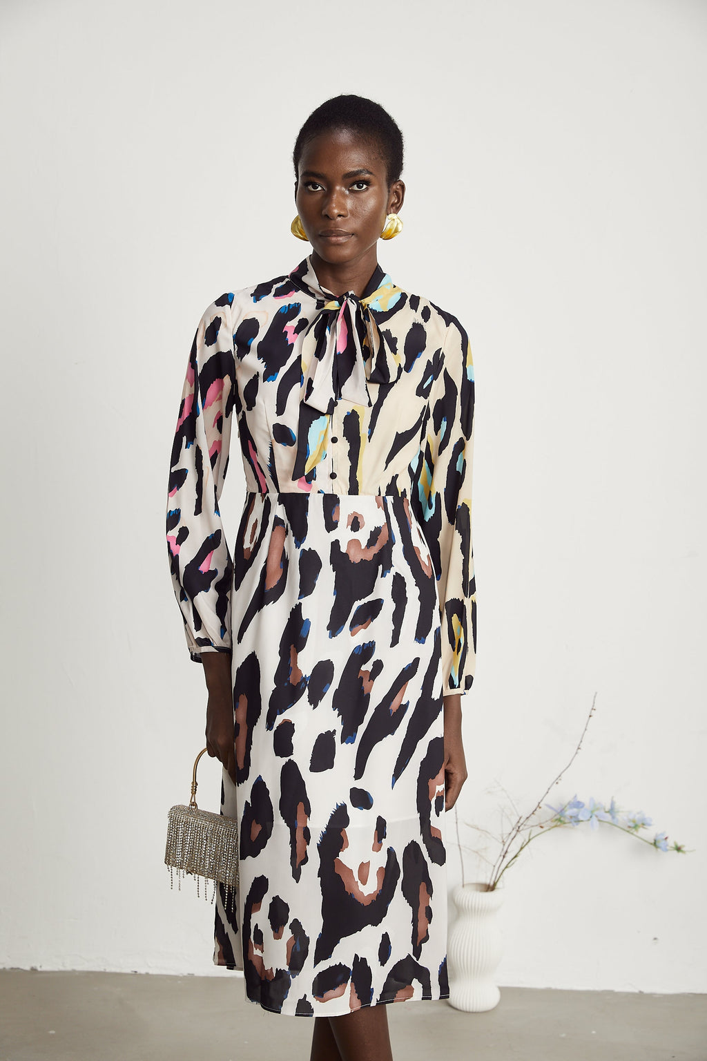 Kalena Leopar Desenli Midi Elbise