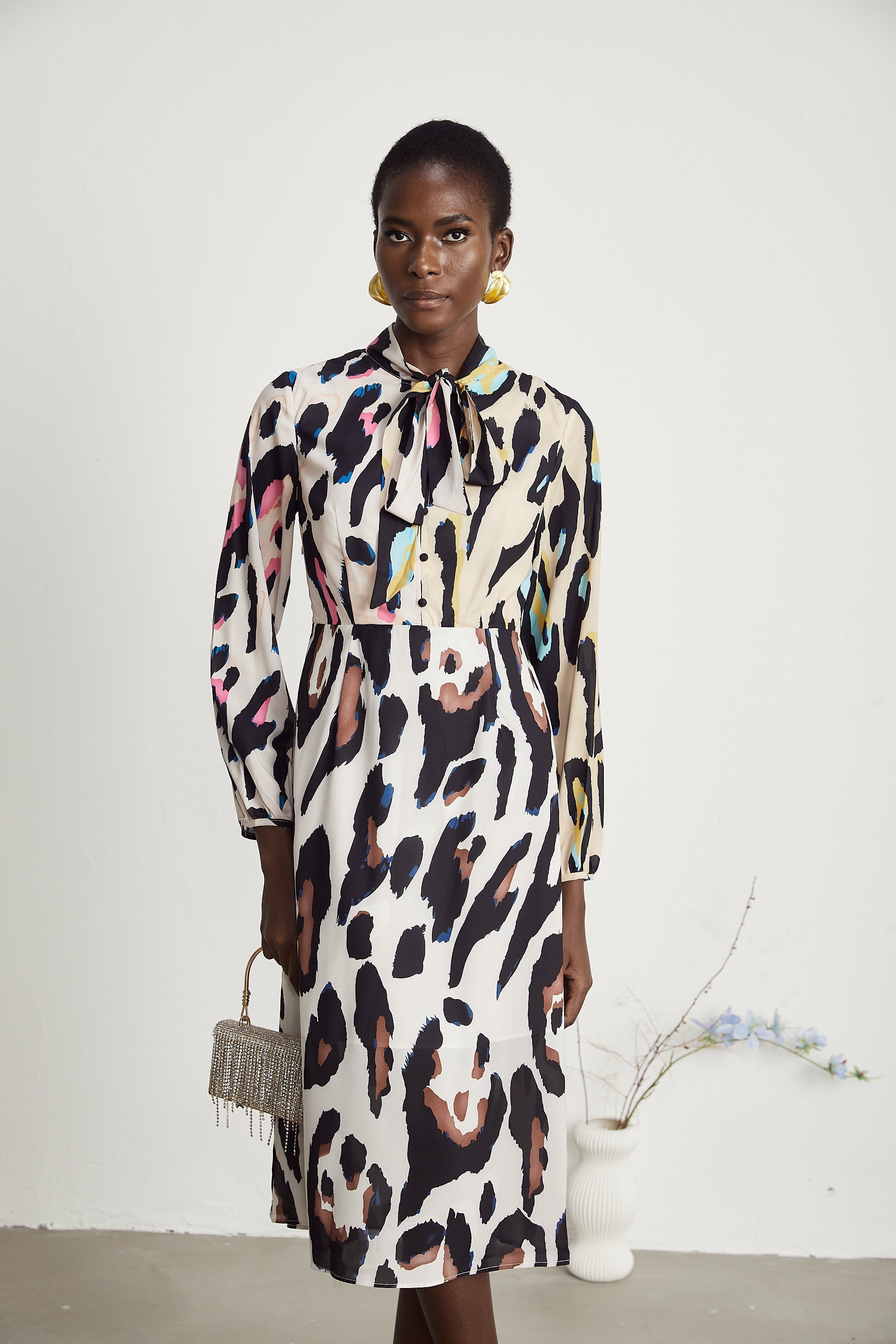 Kalena Leopar Desenli Midi Elbise