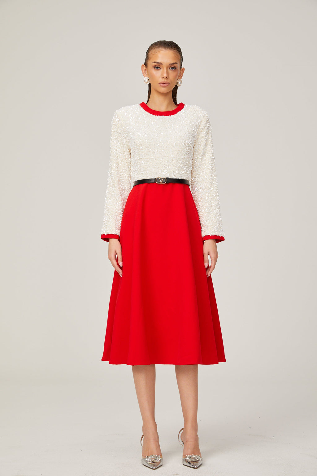 Chloé Kırmızı Uzun Kollu Pullu Patchwork Midi Elbise