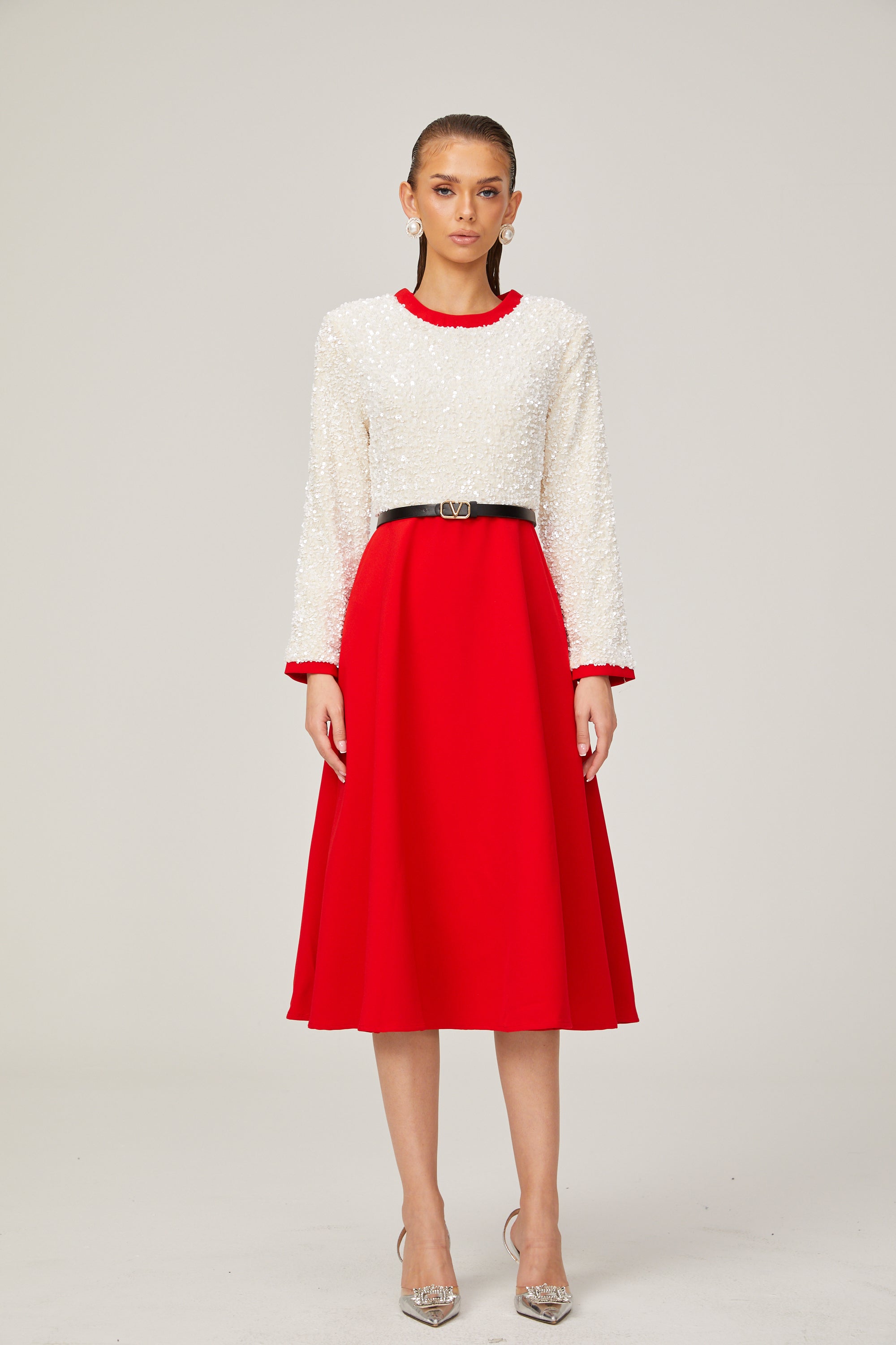Chloé Kırmızı Uzun Kollu Pullu Patchwork Midi Elbise