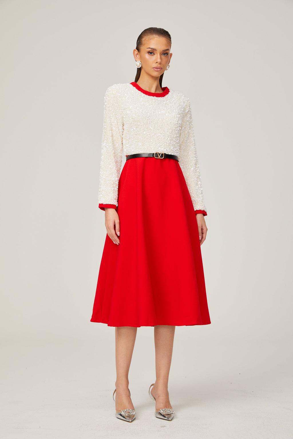 Chloé Kırmızı Uzun Kollu Pullu Patchwork Midi Elbise