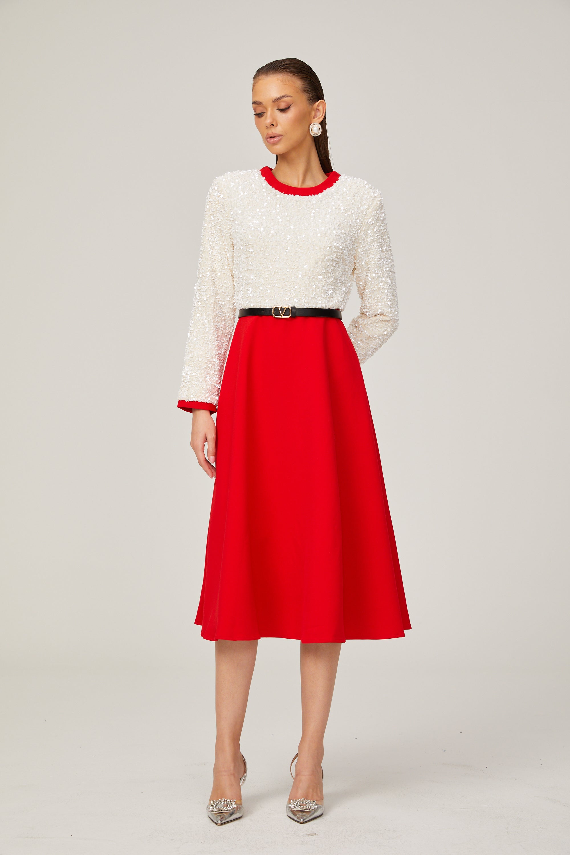 Chloé Kırmızı Uzun Kollu Pullu Patchwork Midi Elbise
