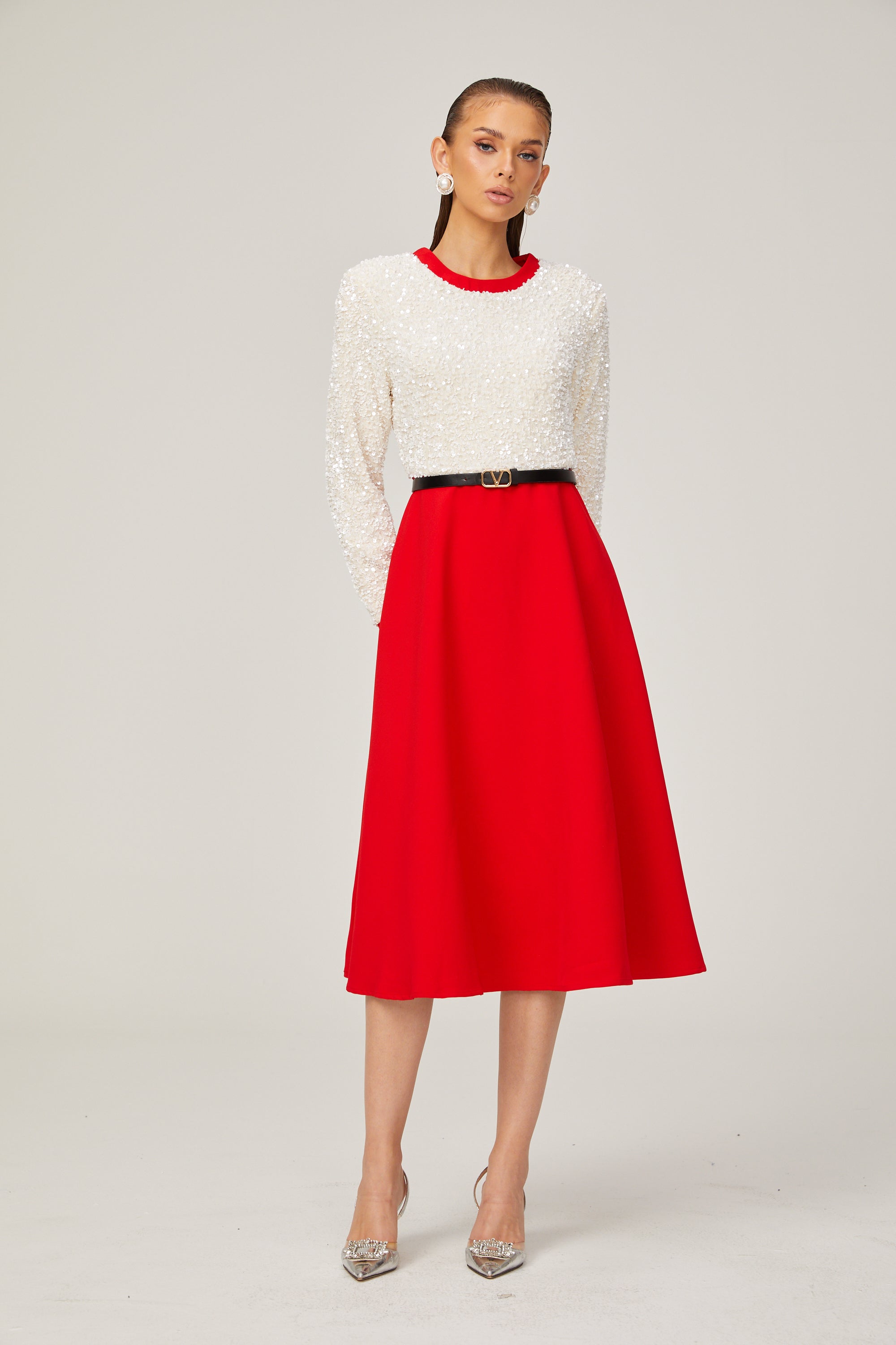 Chloé Kırmızı Uzun Kollu Pullu Patchwork Midi Elbise