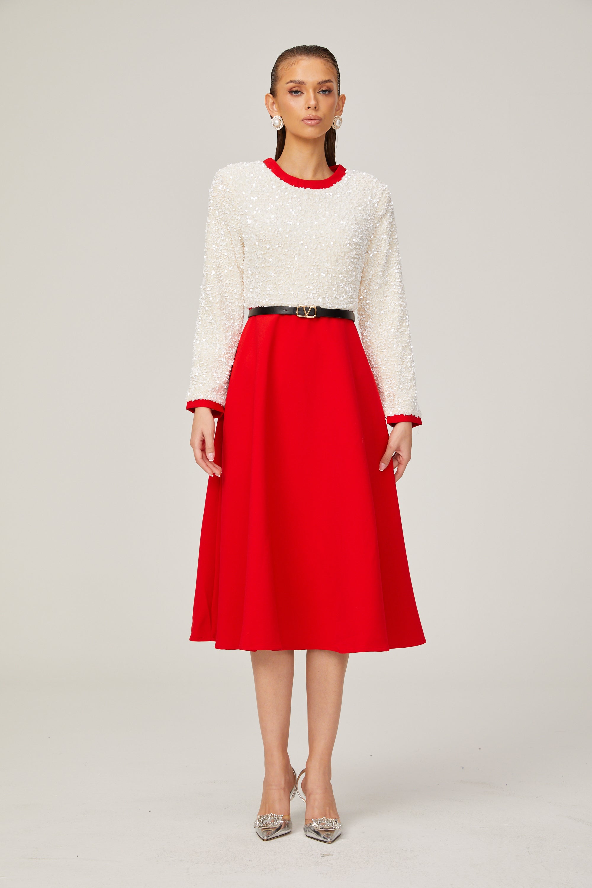 Chloé Kırmızı Uzun Kollu Pullu Patchwork Midi Elbise