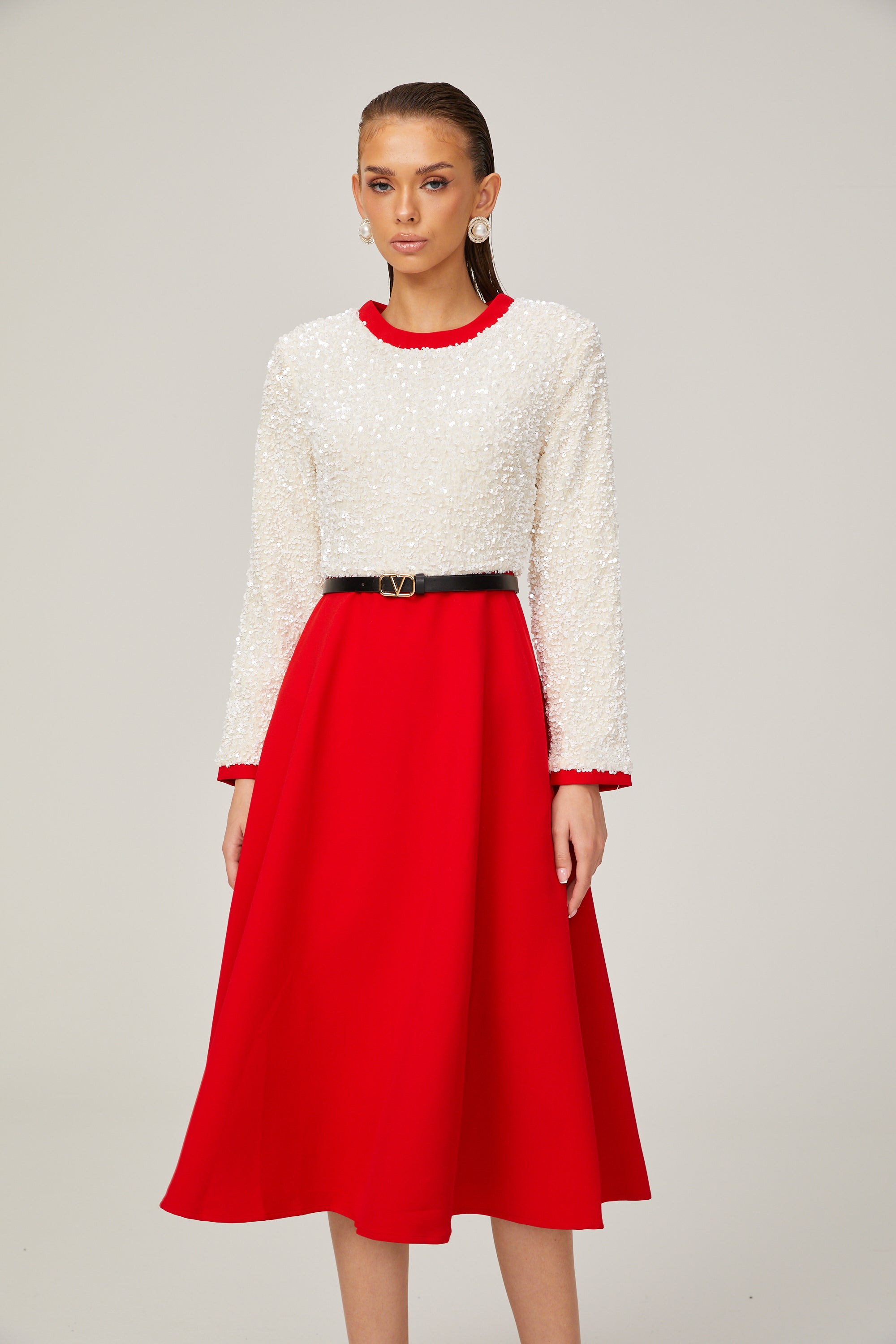 Chloé Kırmızı Uzun Kollu Pullu Patchwork Midi Elbise