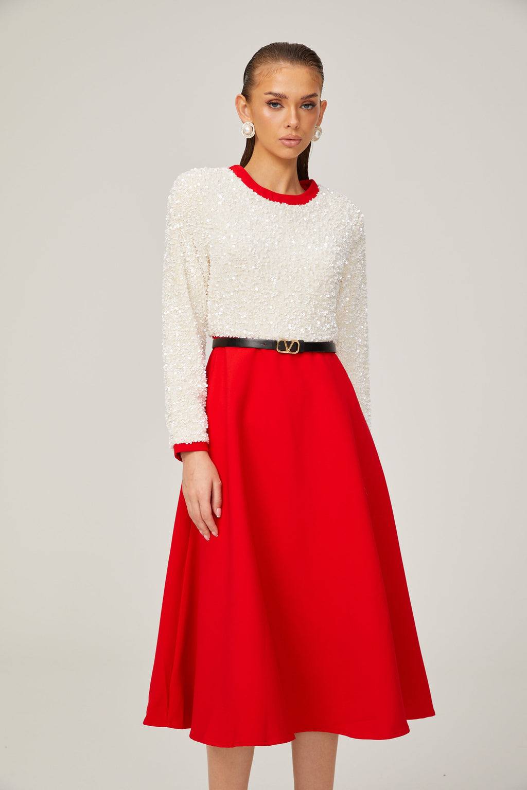 Chloé Kırmızı Uzun Kollu Pullu Patchwork Midi Elbise