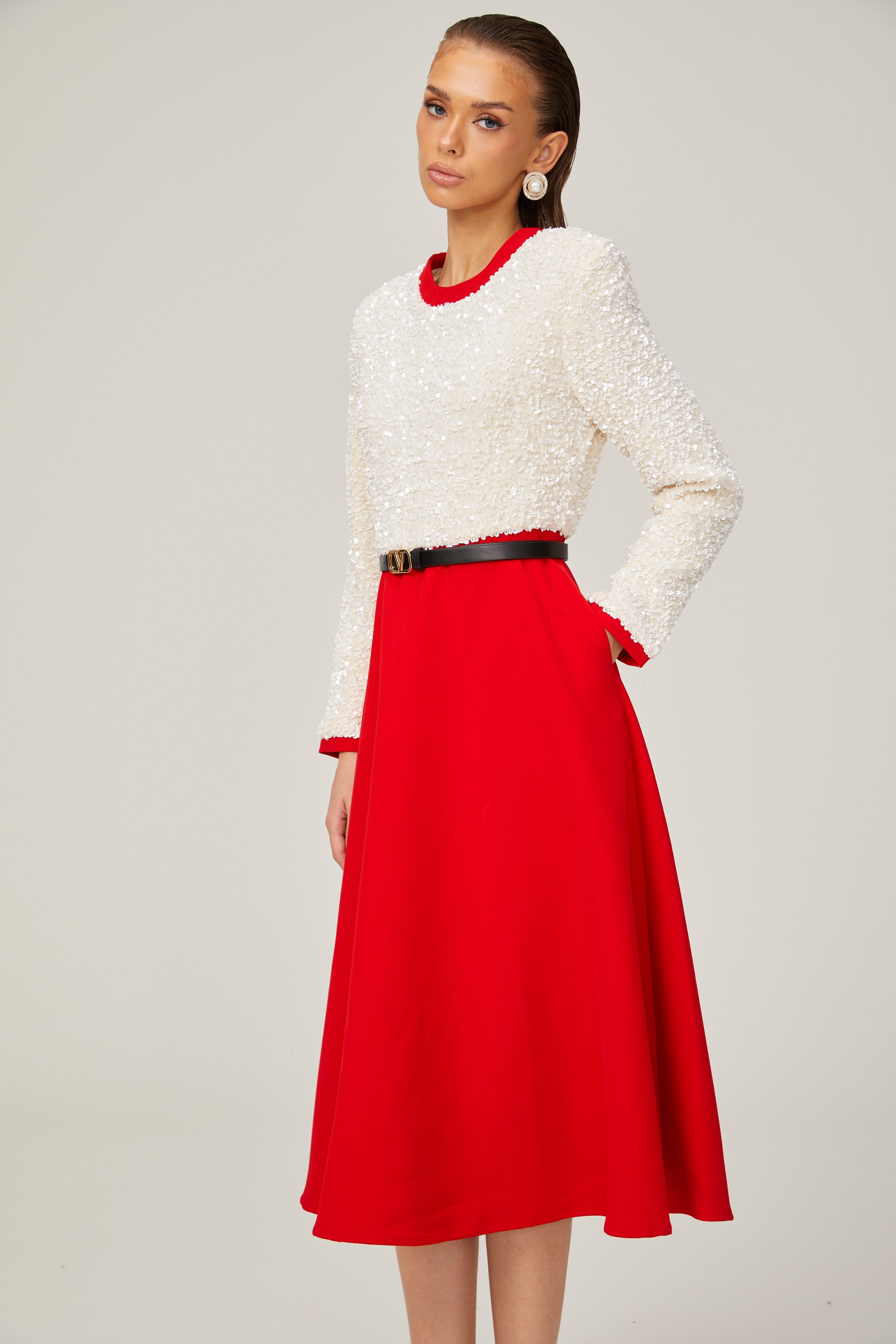 Chloé Kırmızı Uzun Kollu Pullu Patchwork Midi Elbise