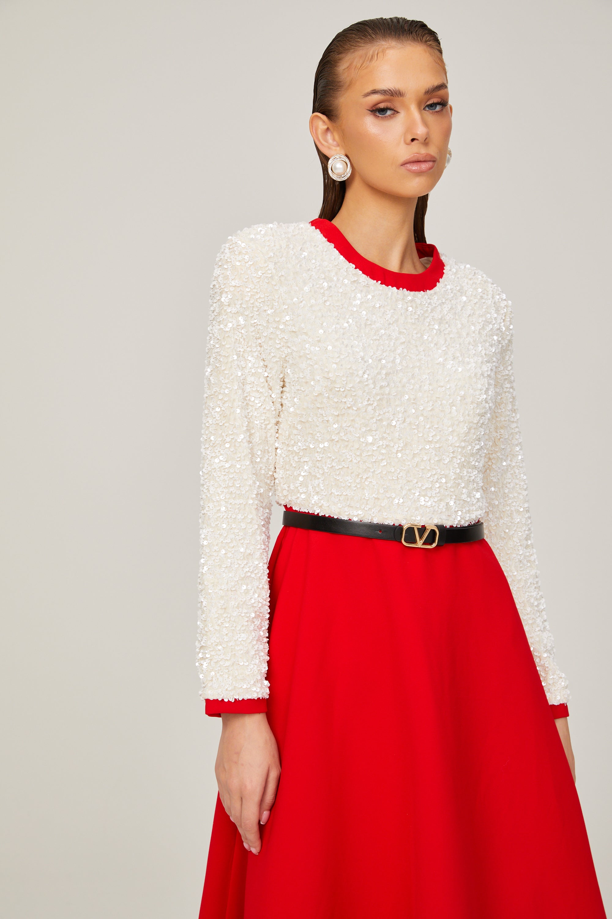 Chloé Kırmızı Uzun Kollu Pullu Patchwork Midi Elbise