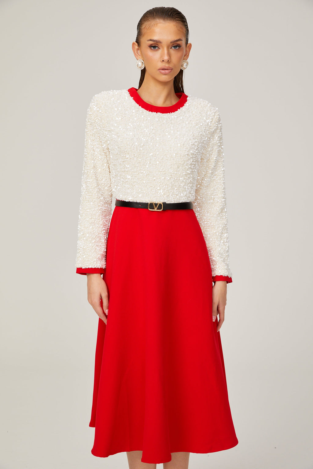 Chloé Kırmızı Uzun Kollu Pullu Patchwork Midi Elbise