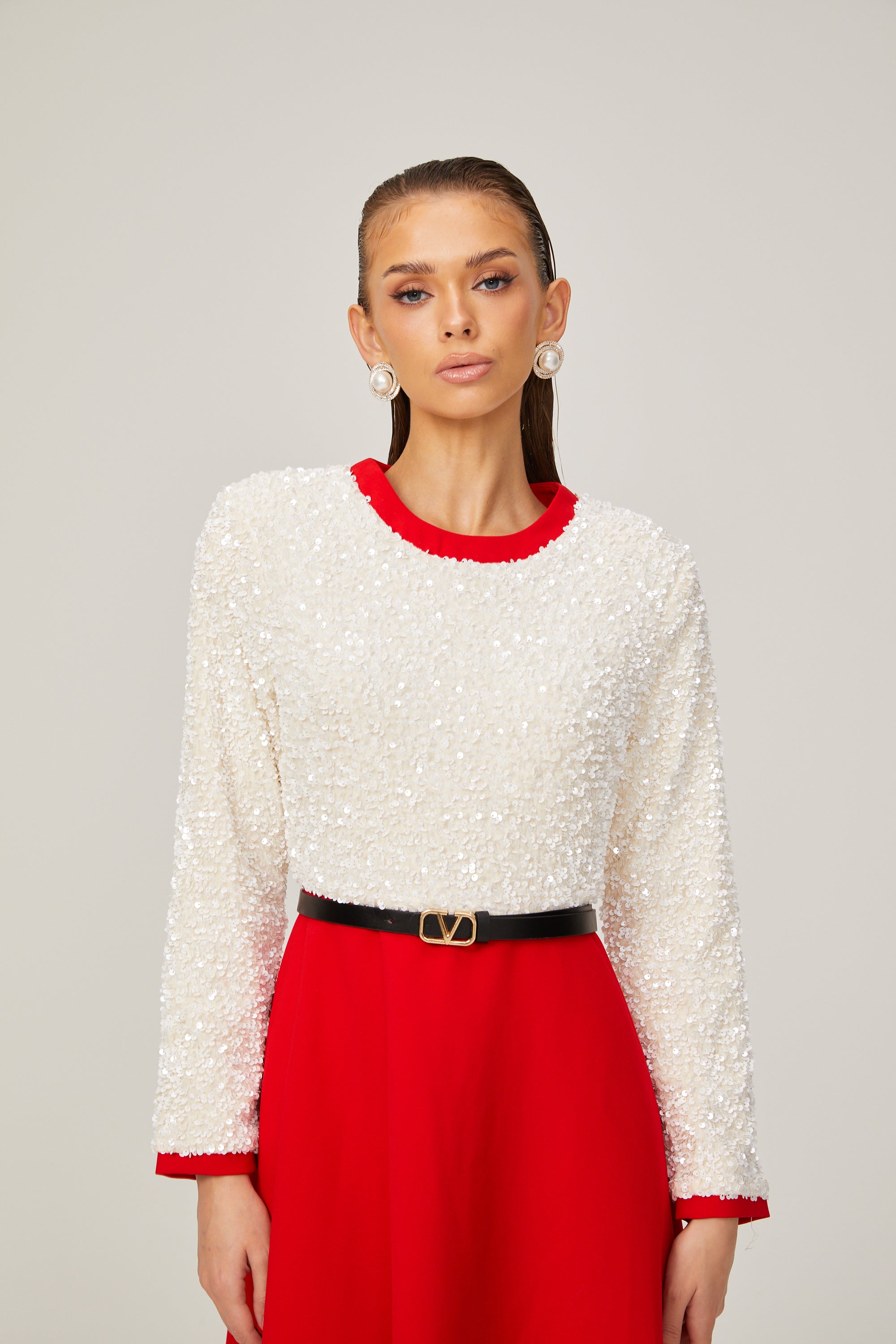 Chloé Kırmızı Uzun Kollu Pullu Patchwork Midi Elbise