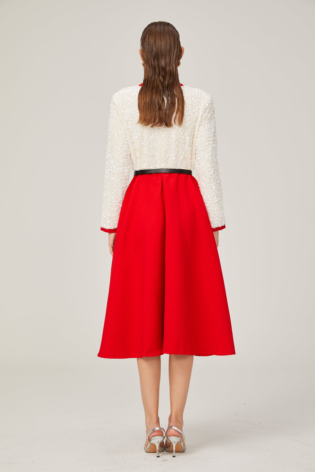 Chloé Kırmızı Uzun Kollu Pullu Patchwork Midi Elbise
