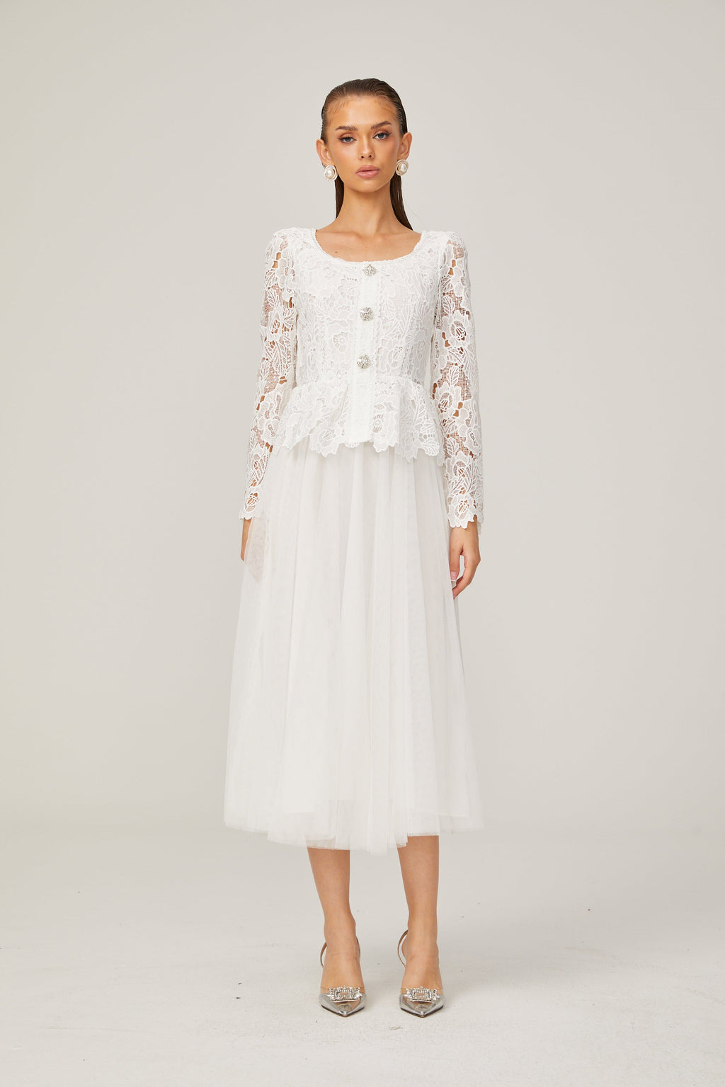 Gabrielle Beyaz Peplum Bel Tül Midi Elbise