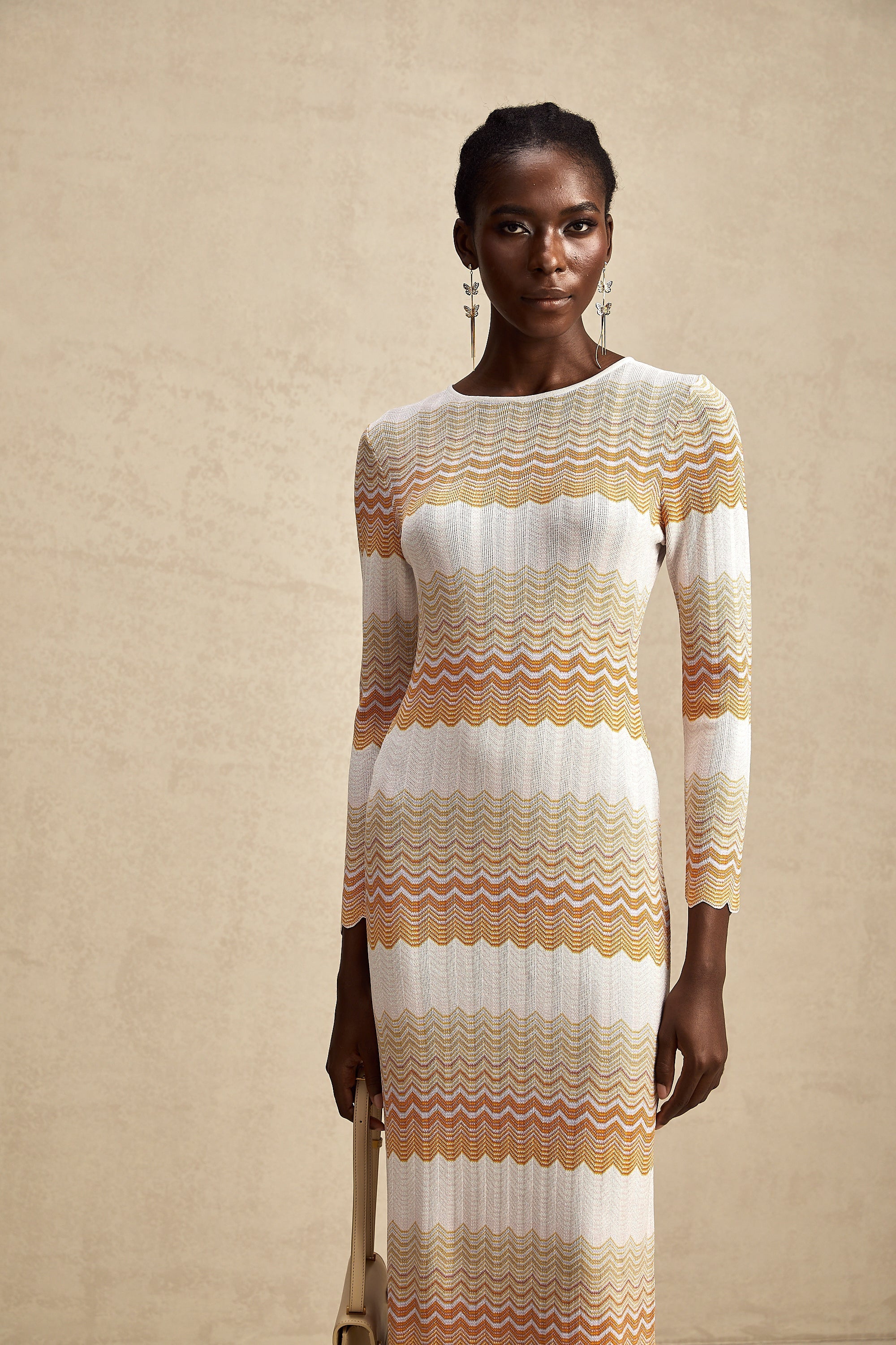 Alizée Turuncu Şerit Desenli Metalik Midi Elbise