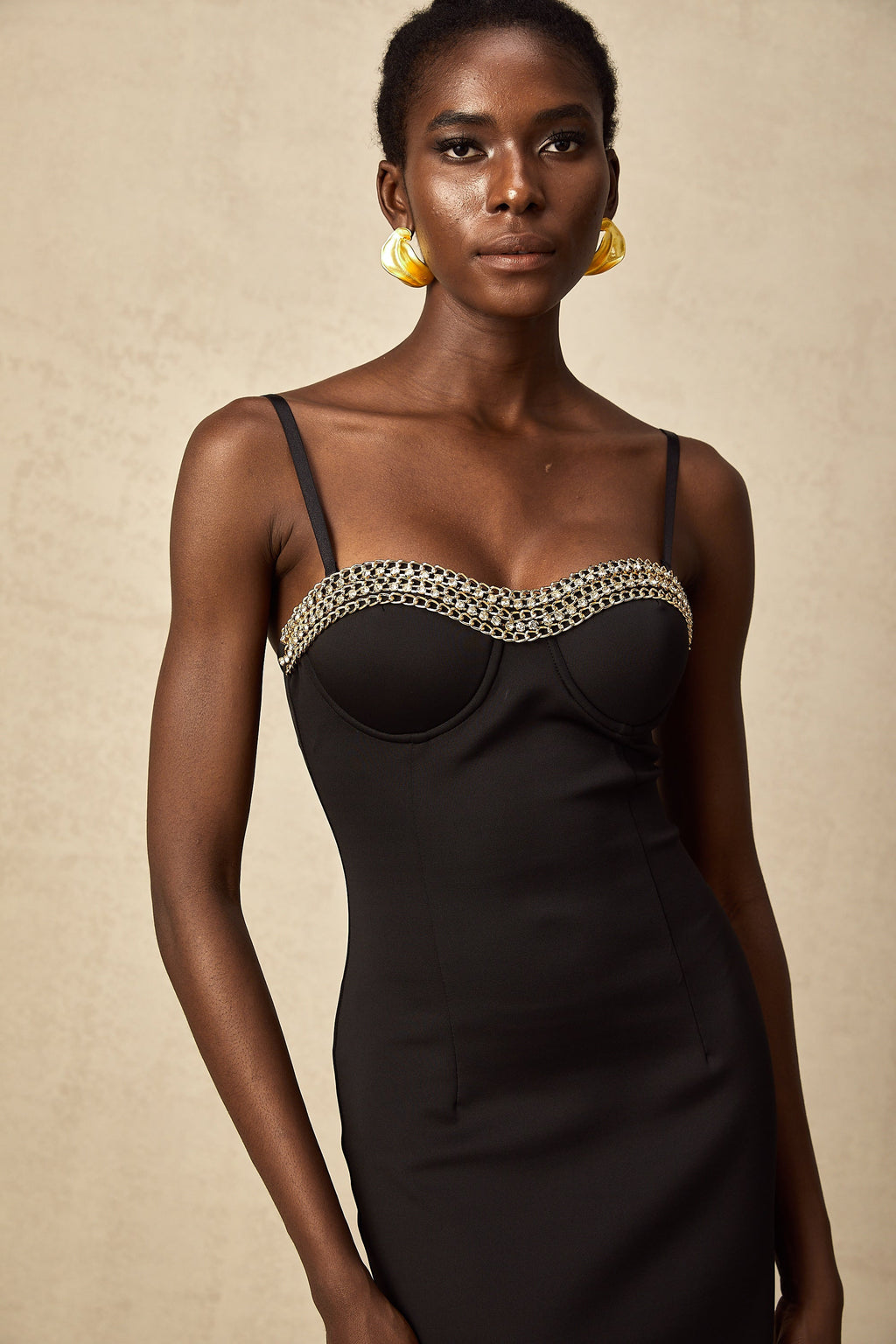 Juliette Siyah Zincir İşlemeli Büstiyer Midi Elbise