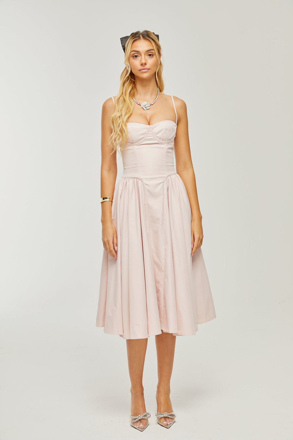 Soleil Pembe Pilili Korse Midi Elbise
