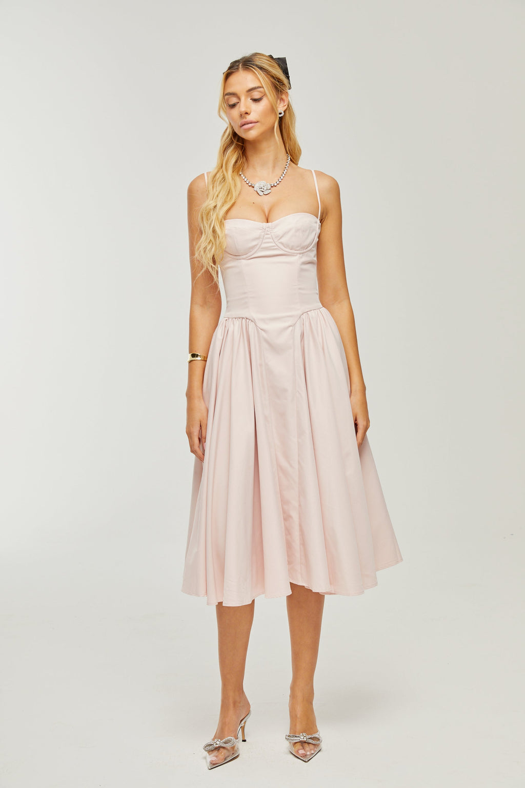 Soleil Pembe Pilili Korse Midi Elbise