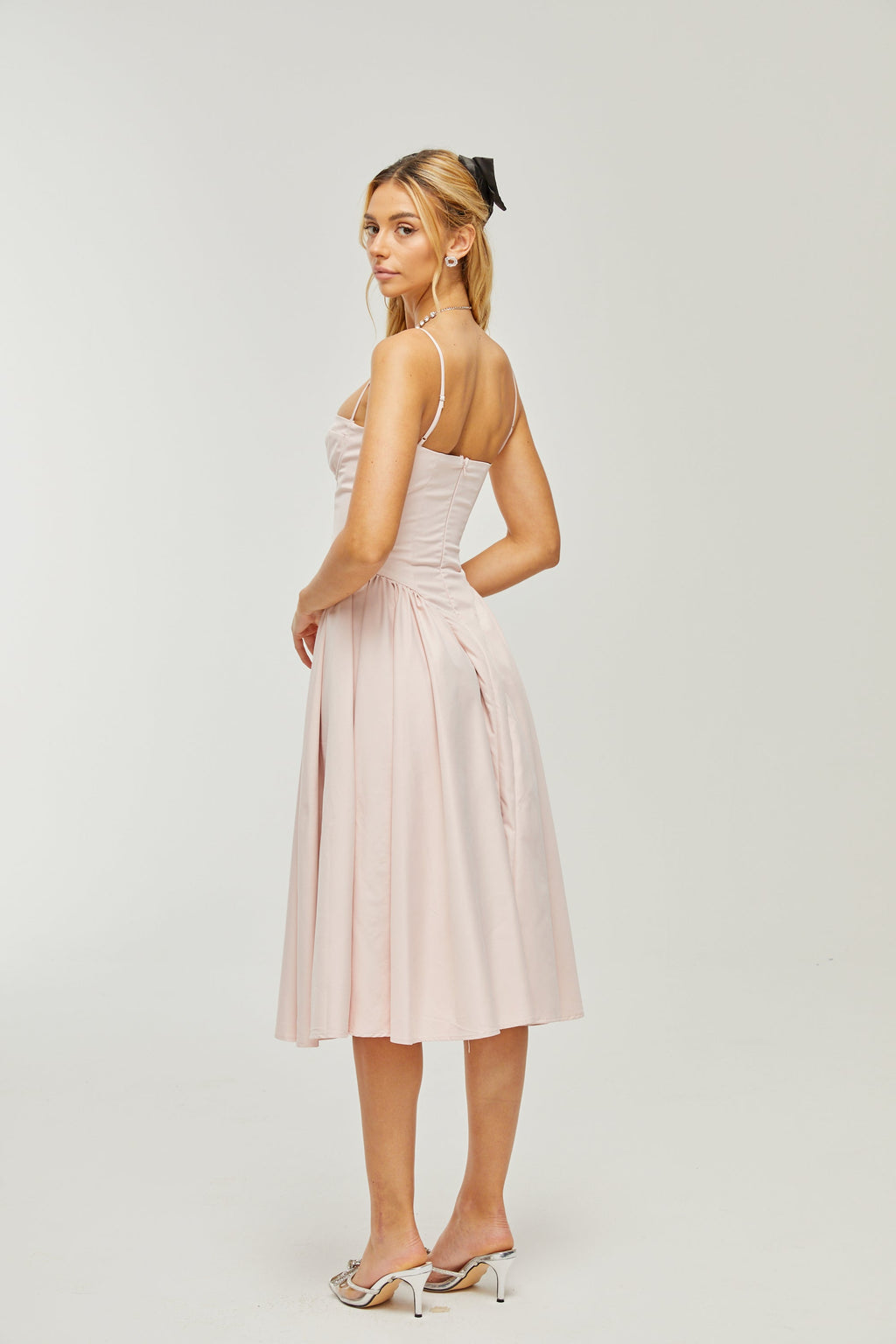 Soleil Pembe Pilili Korse Midi Elbise