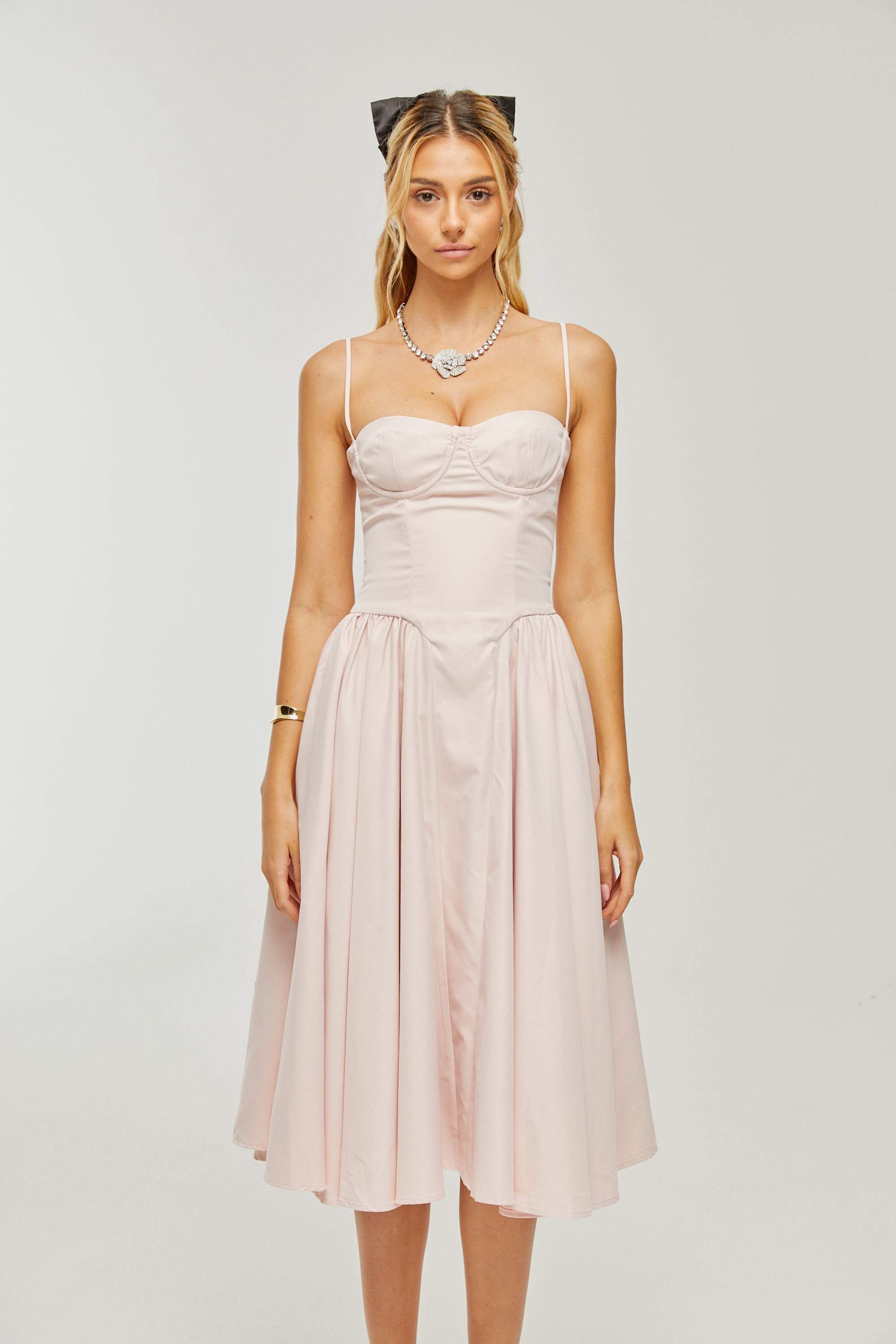 Soleil Pembe Pilili Korse Midi Elbise