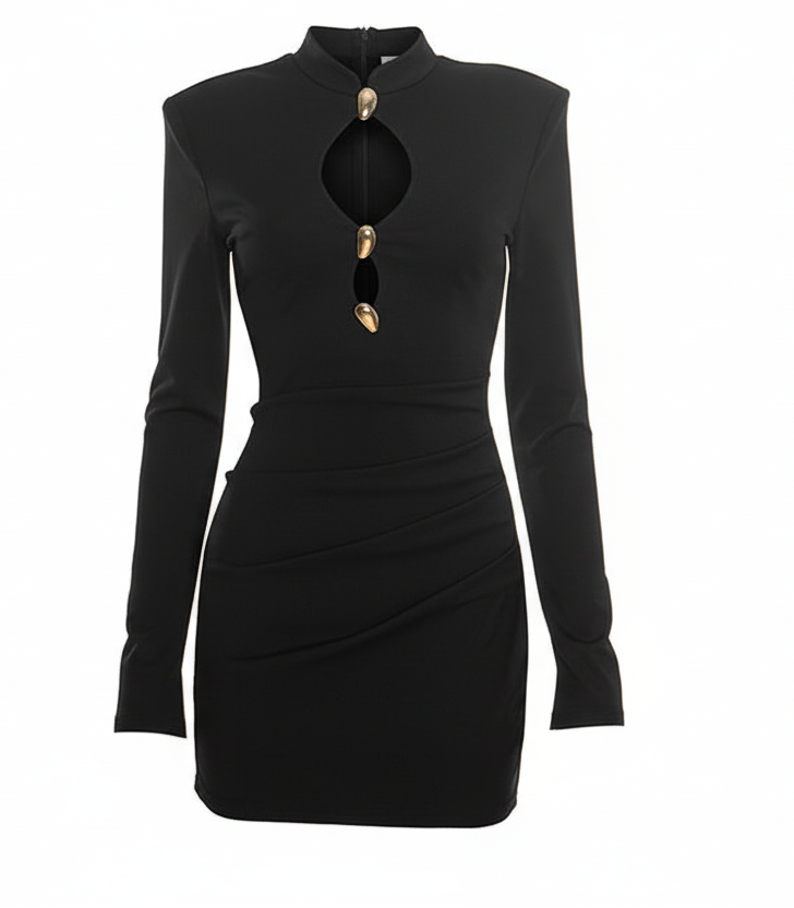 Elegant Dik Yaka Göğüs Detay Mini Elbise
