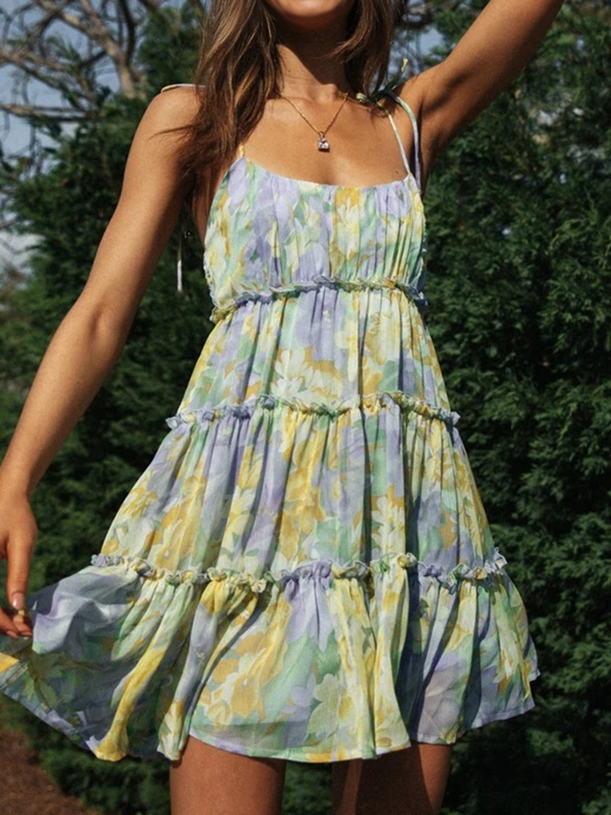 Yeşil Sarı Çiçek Desenli Katlı Askılı Mini Elbise