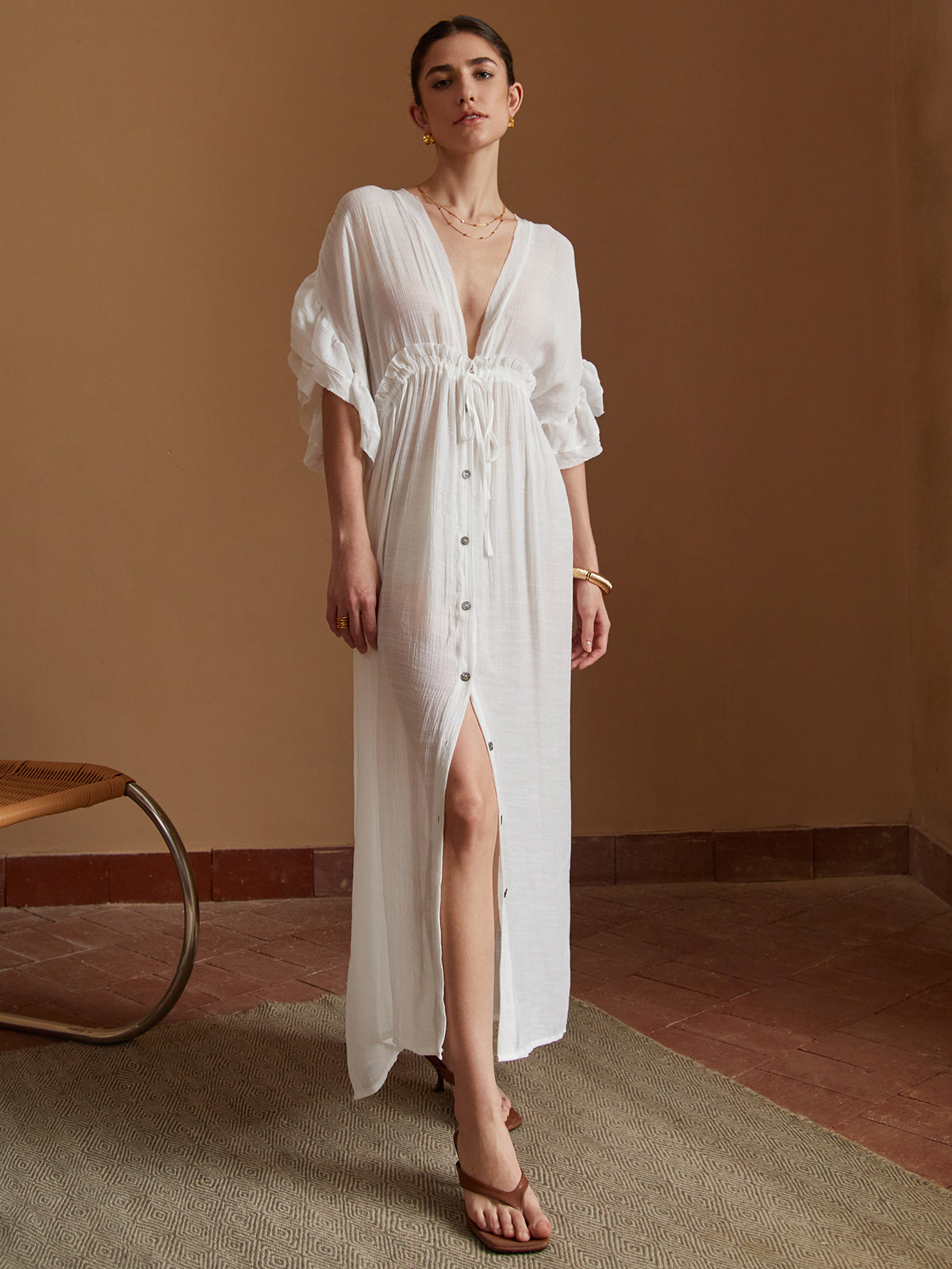 Beyaz Sırt Dekolteli İpli Bel Kimono Maxi Elbise