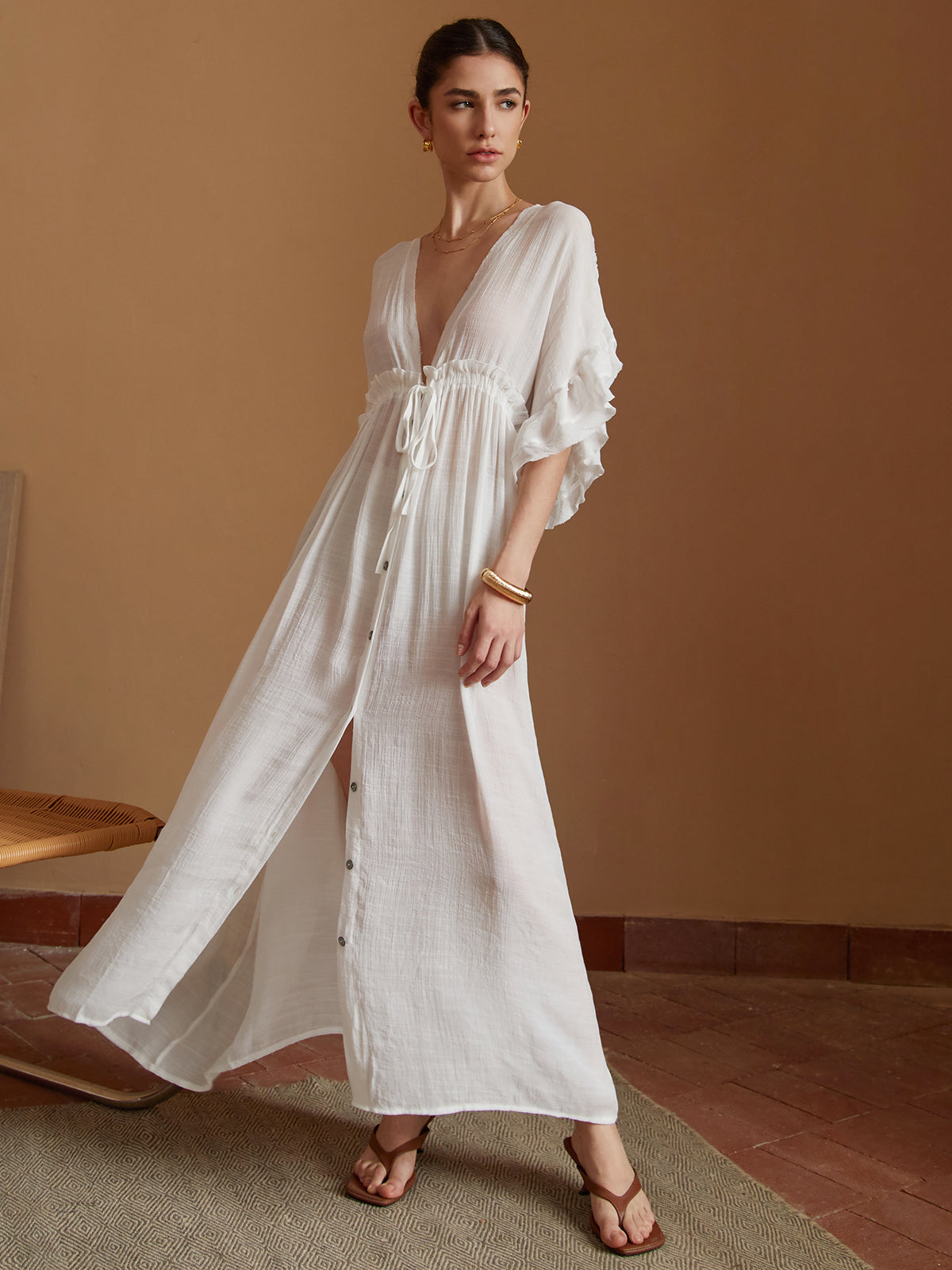 Beyaz Sırt Dekolteli İpli Bel Kimono Maxi Elbise