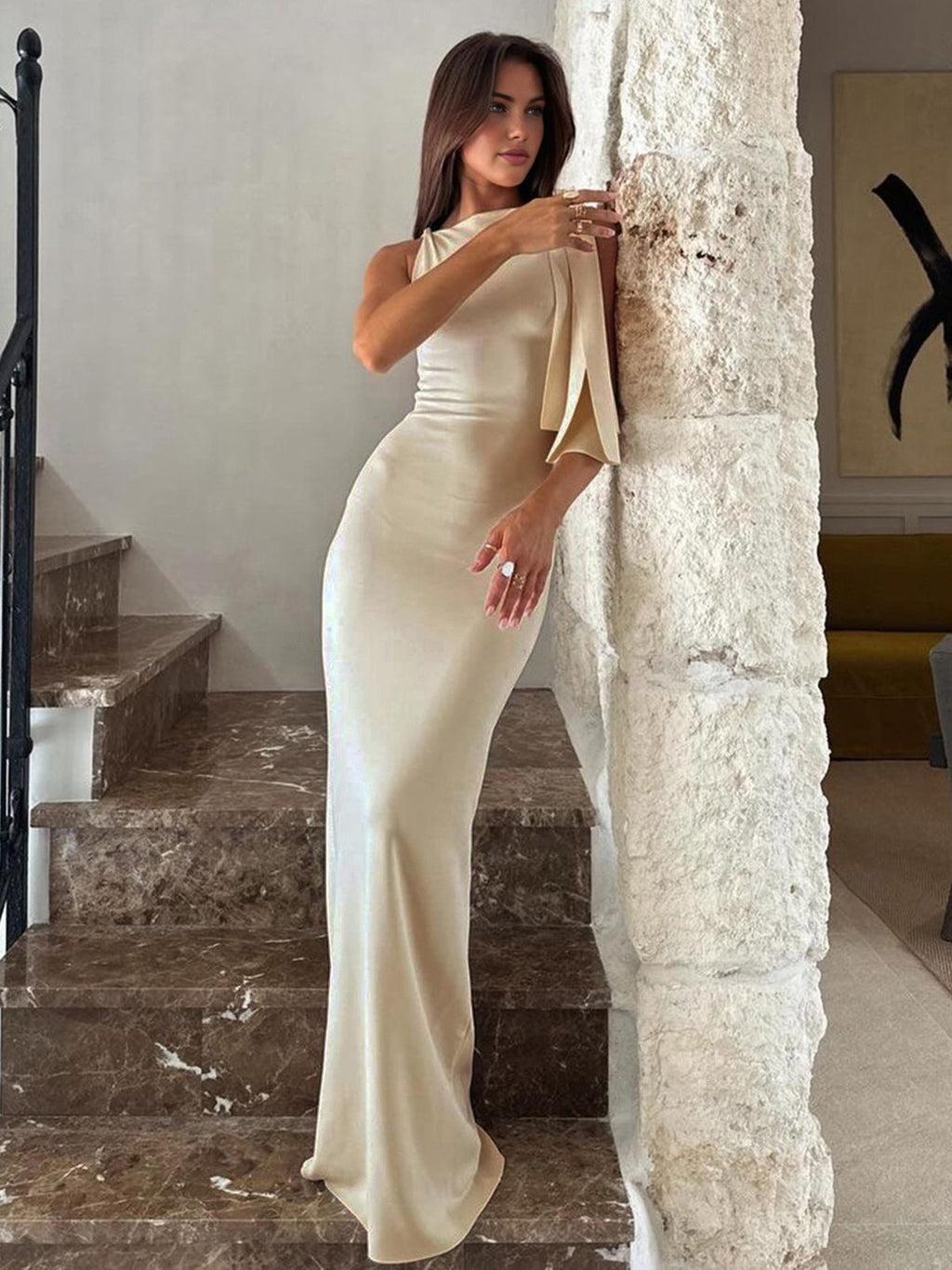 Siyah Beloved Düğüm Detaylı Kolsuz Maxi Abiye Elbise