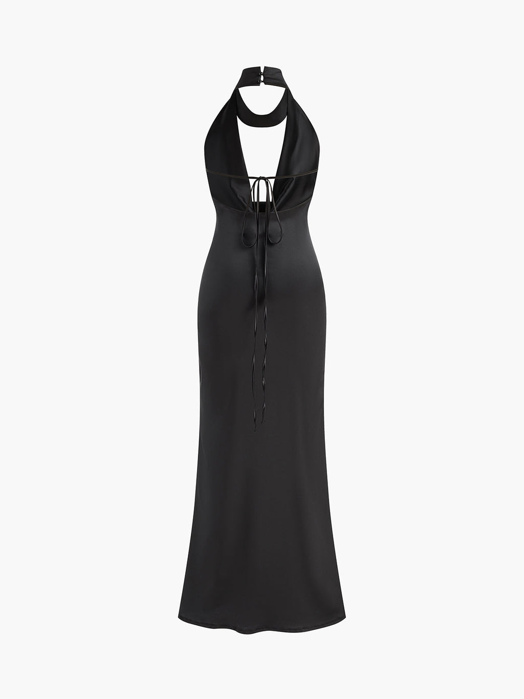 Siyah Derin V Yaka Halter Saten Maxi Abiye Elbise
