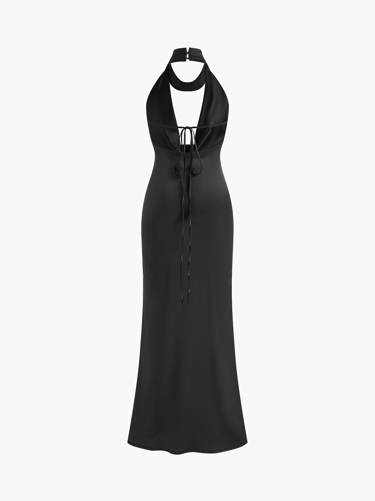 Siyah Derin V Yaka Halter Saten Maxi Abiye Elbise