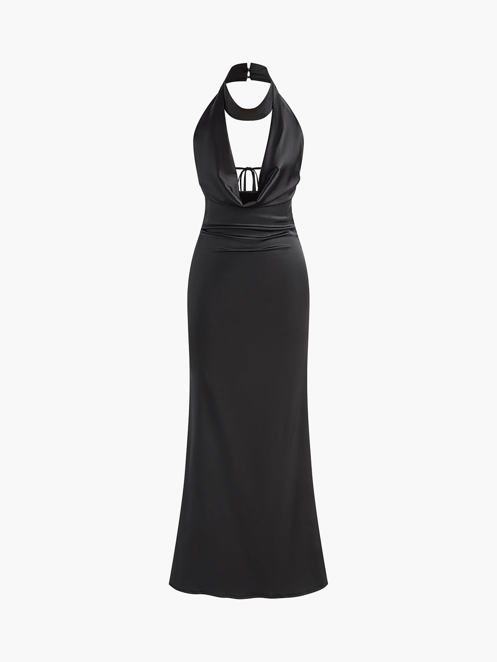 Siyah Derin V Yaka Halter Saten Maxi Abiye Elbise