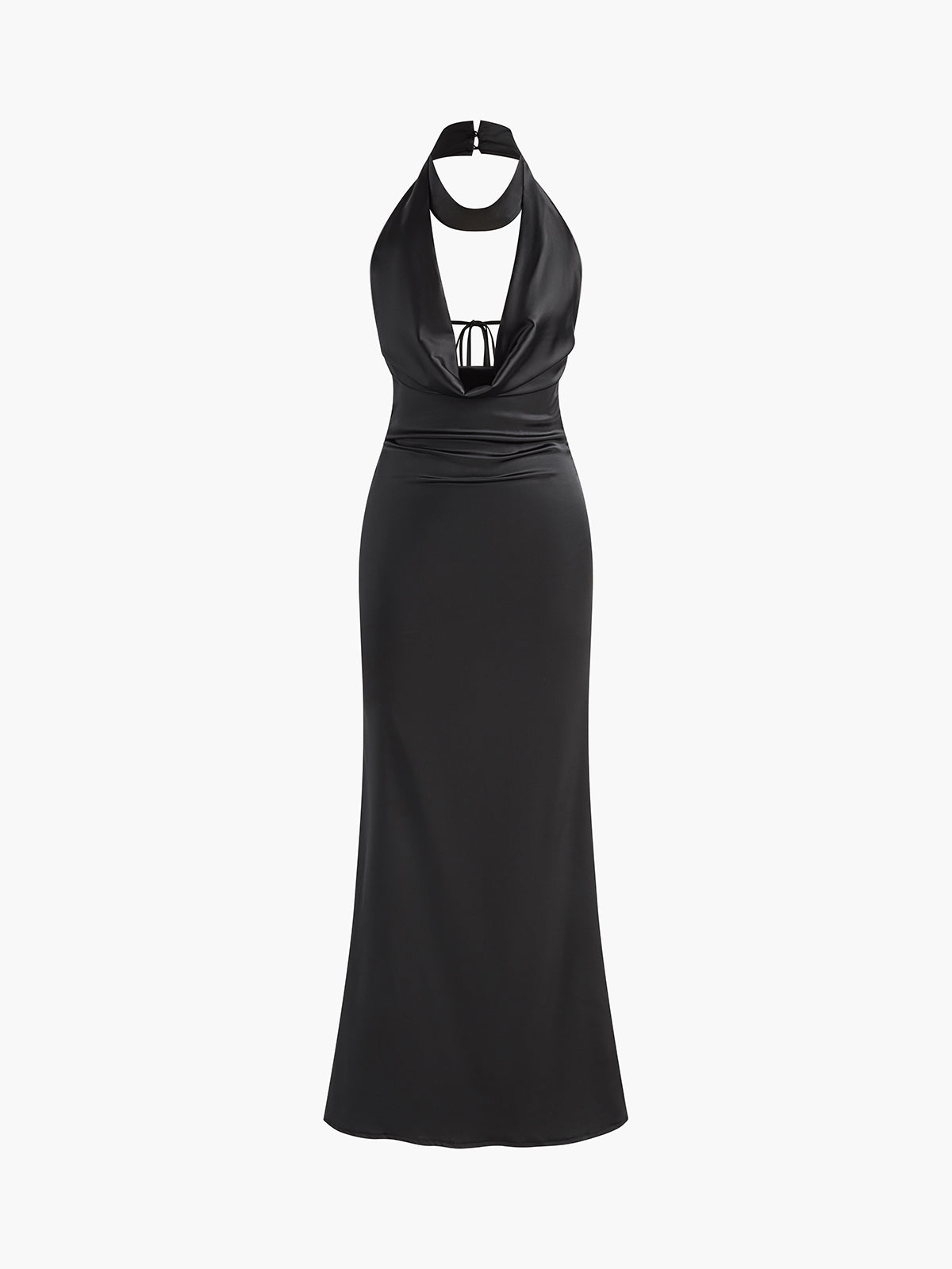 Siyah Derin V Yaka Halter Saten Maxi Abiye Elbise