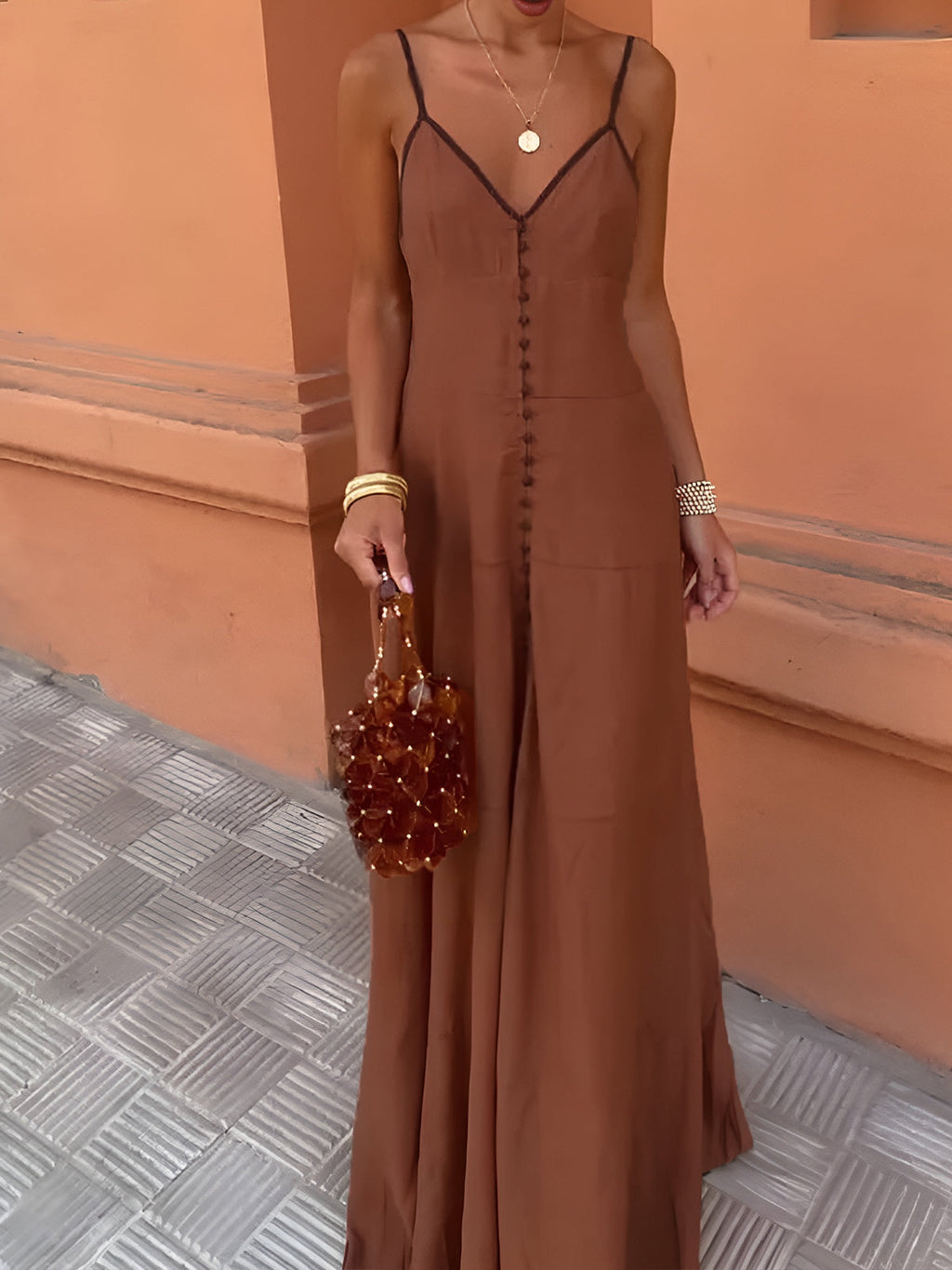 Turuncu Kontrast Biye Düğme Detaylı Askılı Maxi Elbise