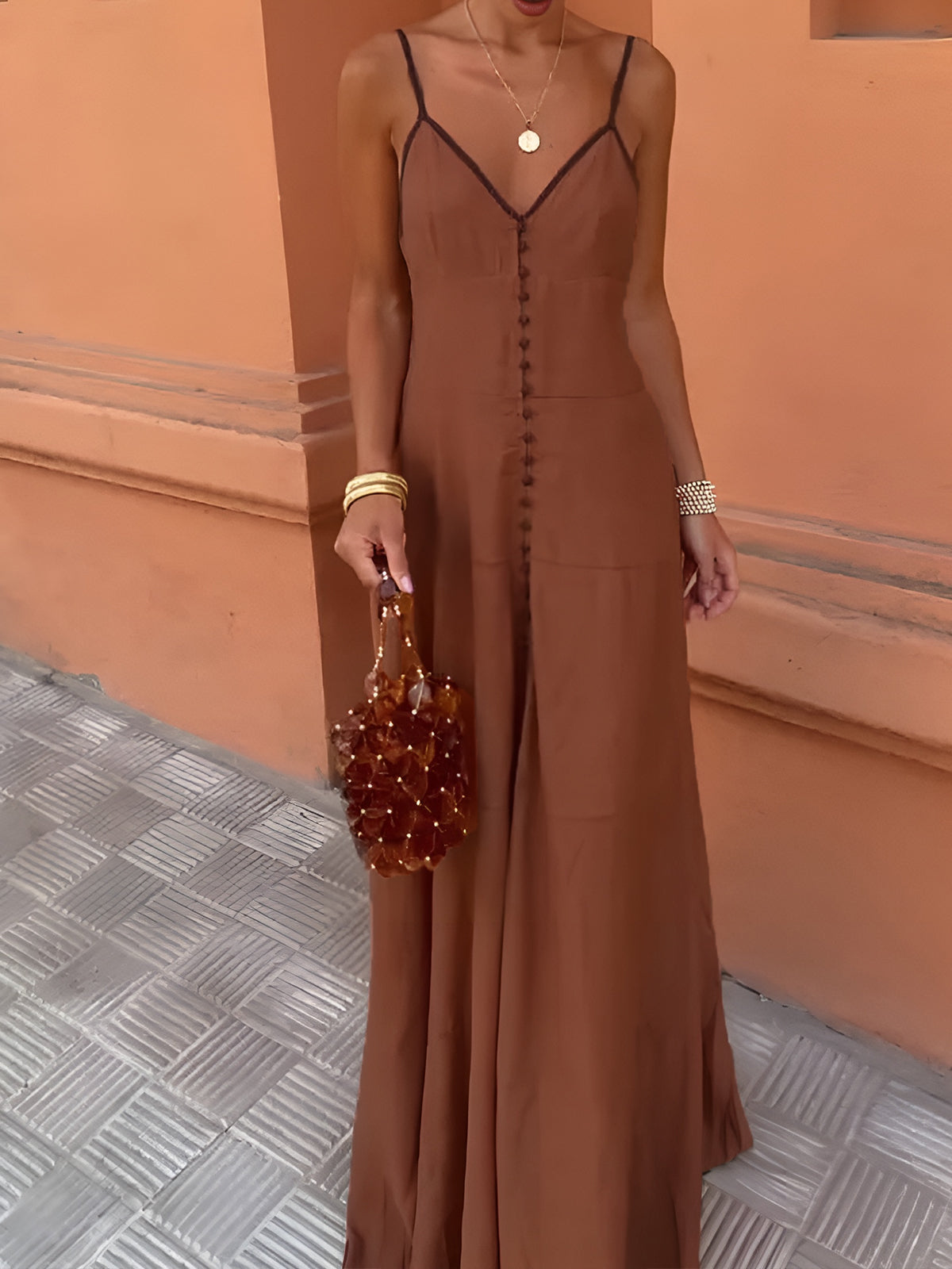 Turuncu Kontrast Biye Düğme Detaylı Askılı Maxi Elbise