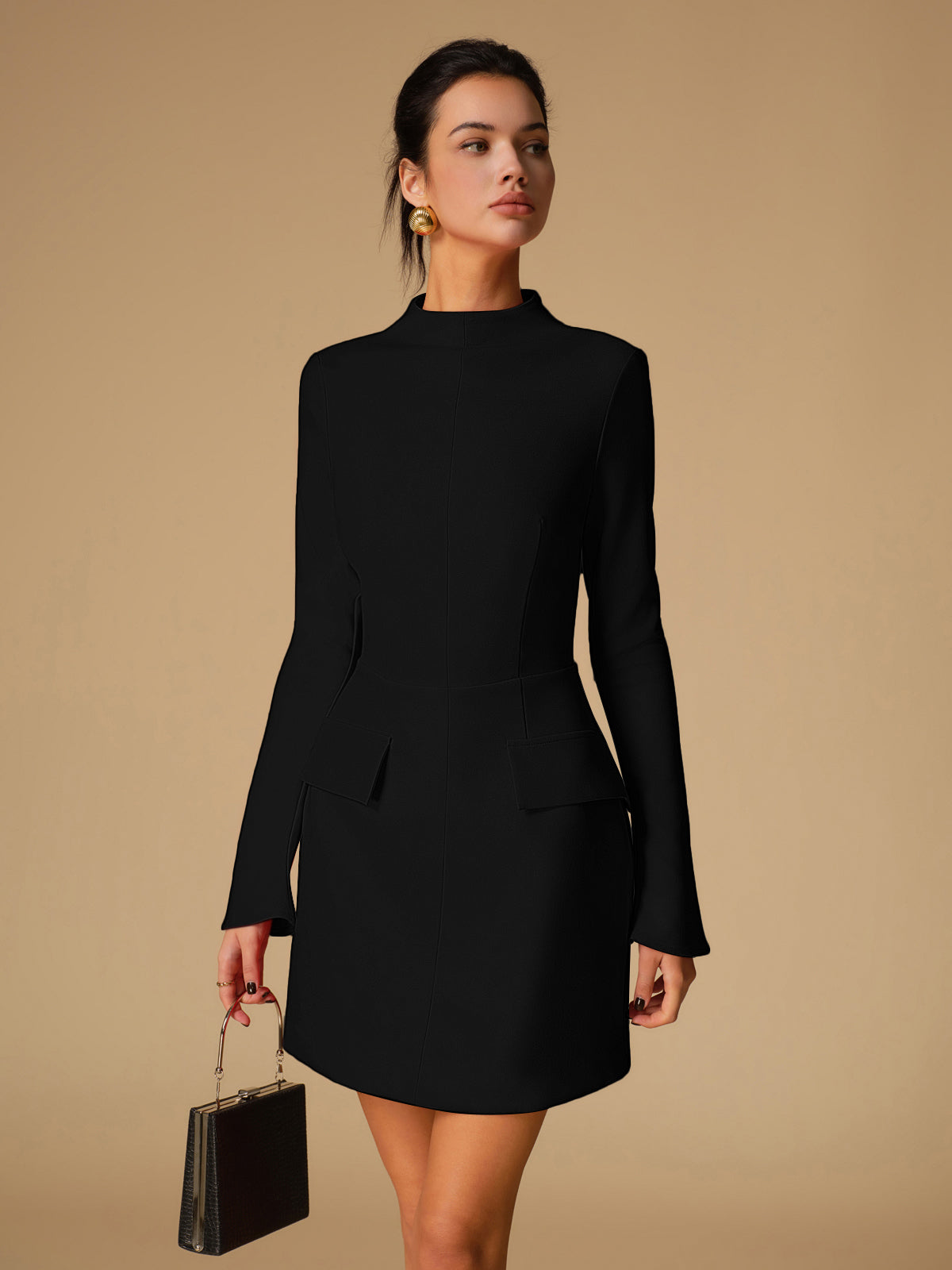Minimalist Dik Yakalı Uzun Kol Abiye Elbise Kırmızı