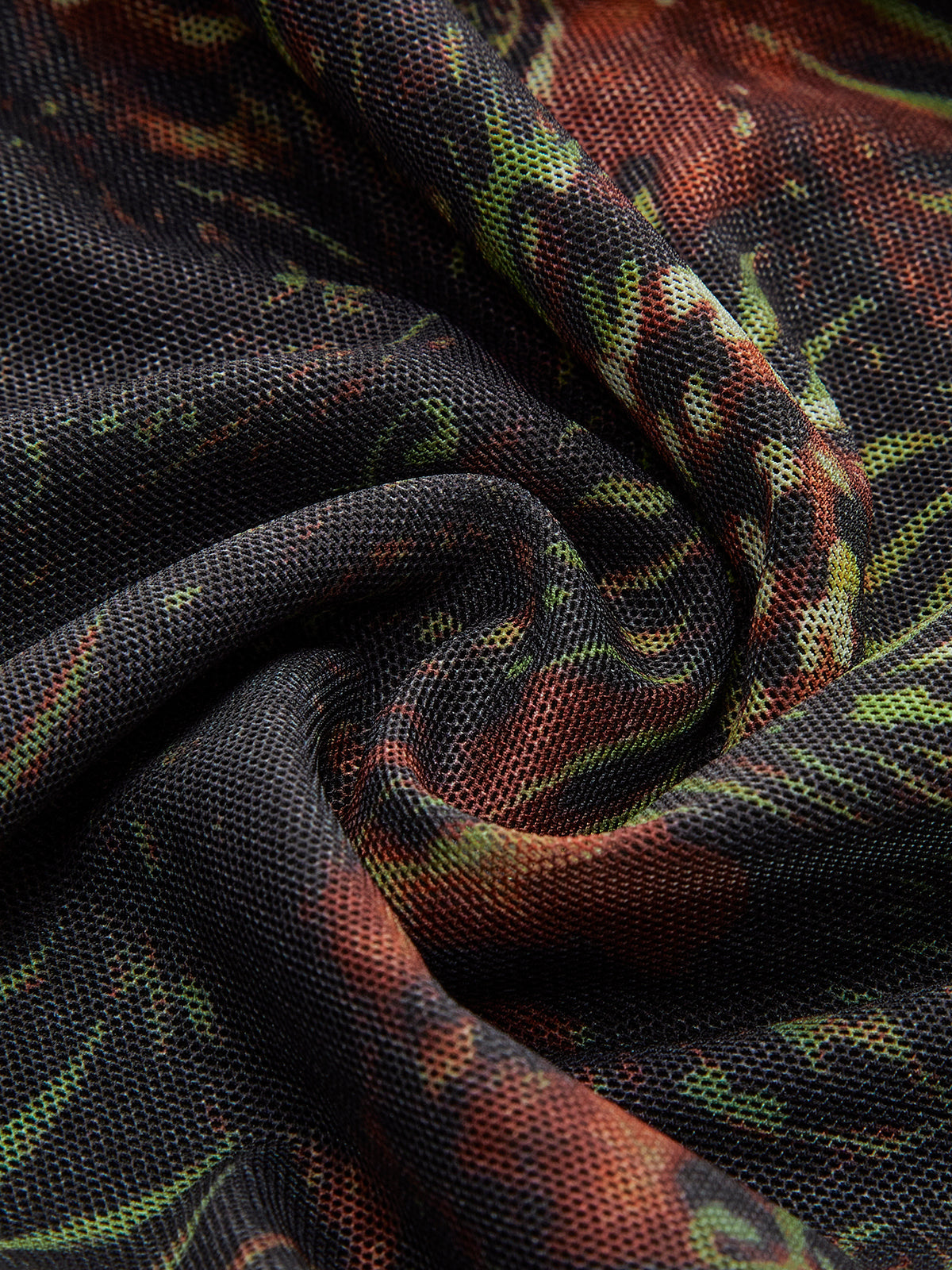 Retro Tie - Dye Baskılı Ağ Elbise Uzun Kol Koyu Kahverengi