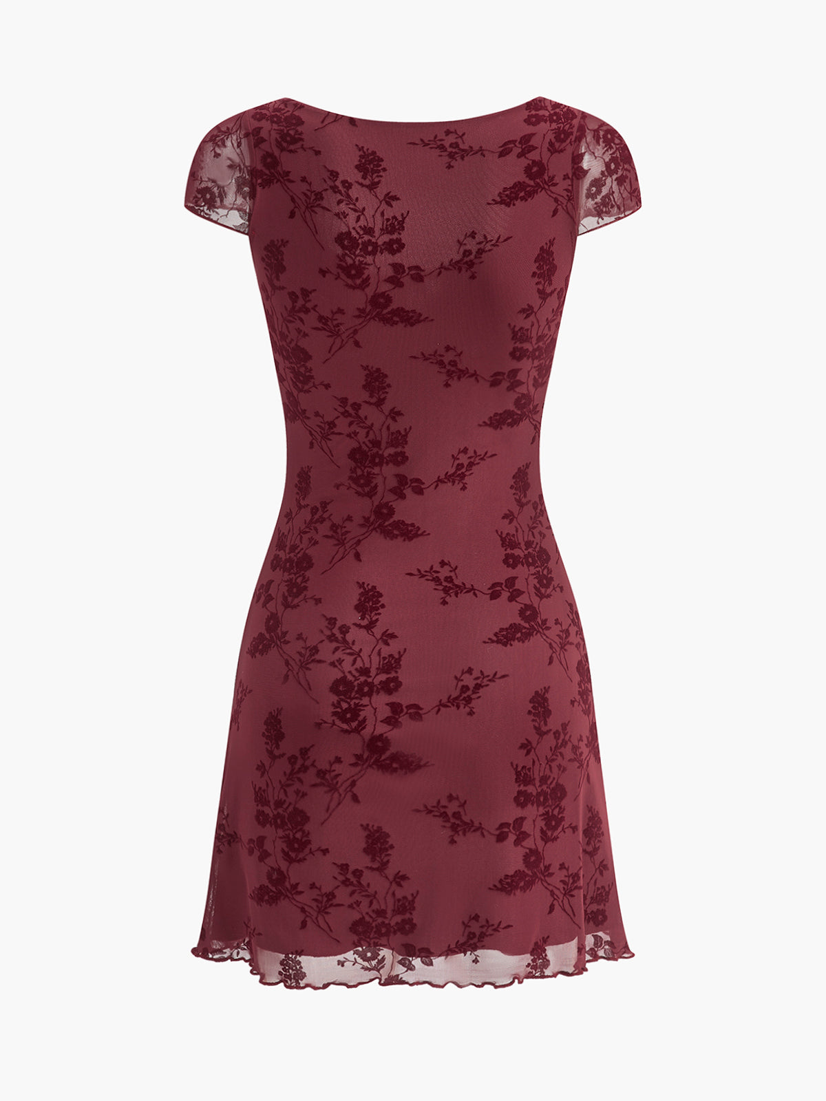 Bordo Fırfır Detaylı Çiçek Desenli Bağlamalı Mini Elbise
