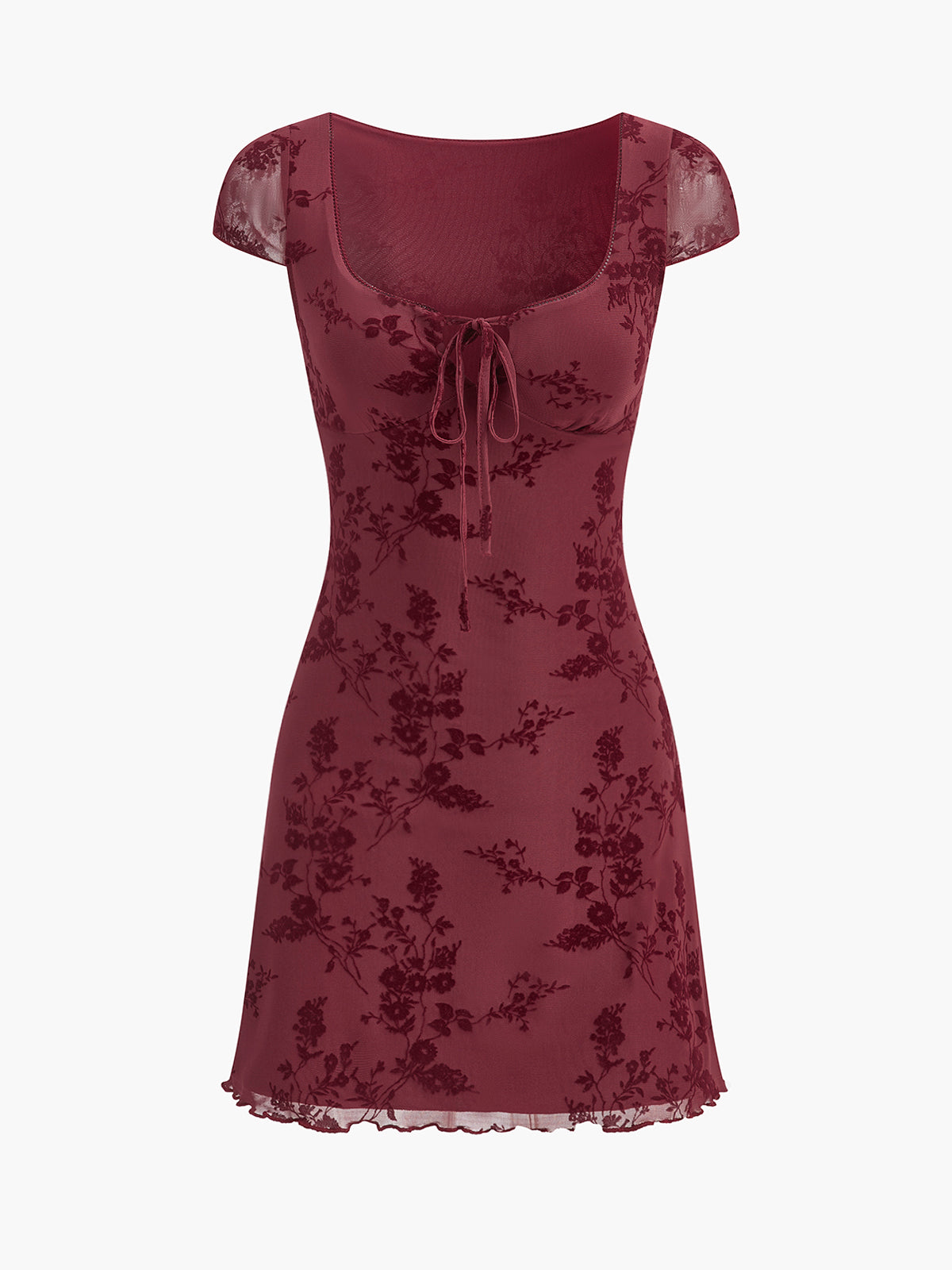 Bordo Fırfır Detaylı Çiçek Desenli Bağlamalı Mini Elbise