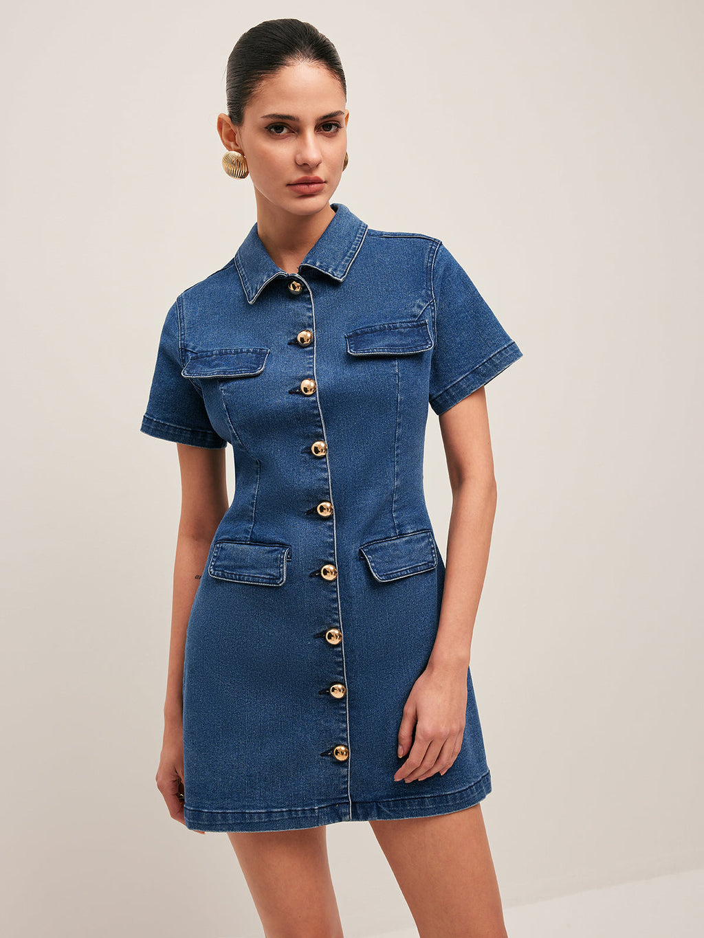 Düğmeli Denim Gömlek Elbise