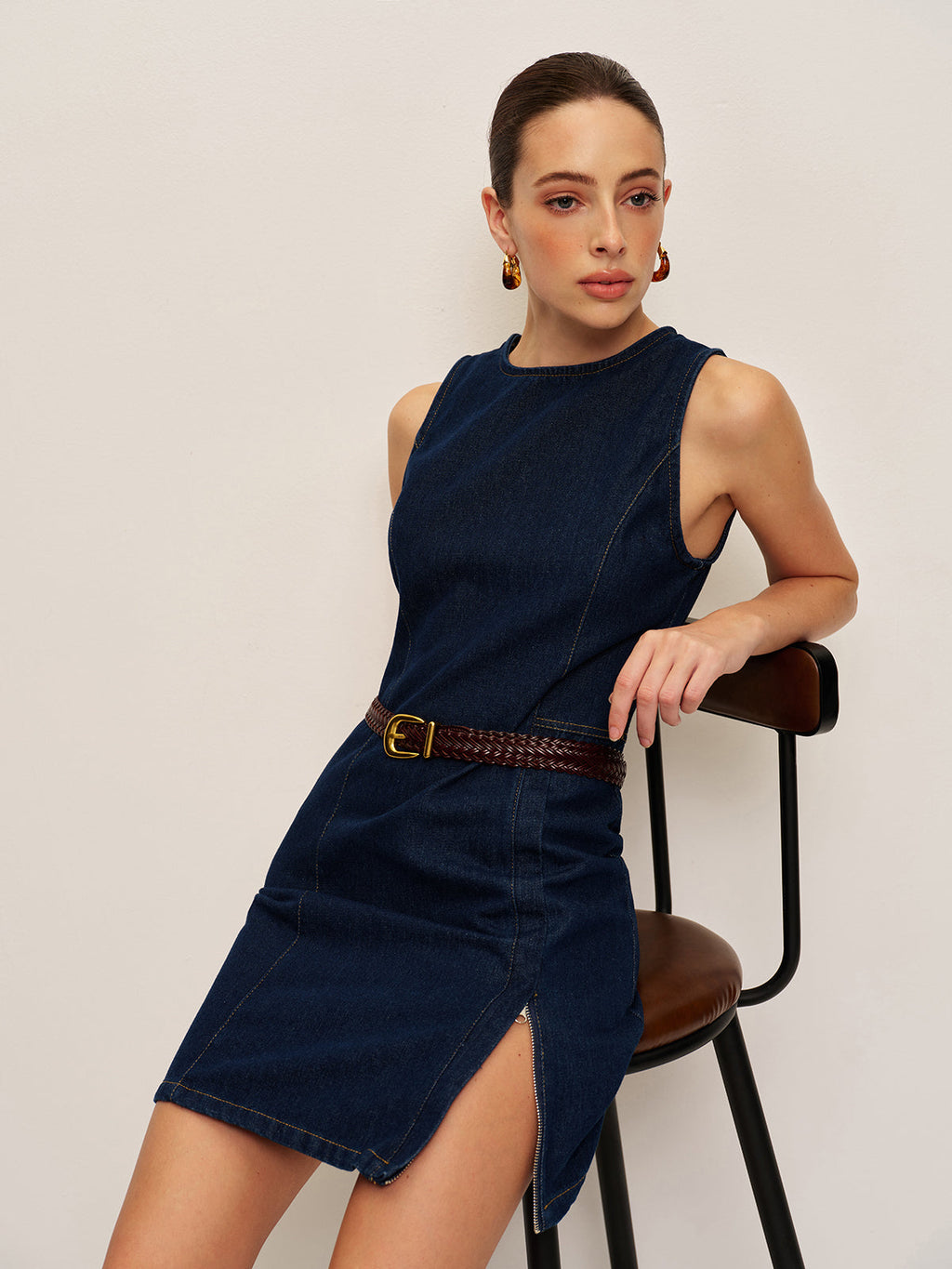 Kolsuz Denim Elbise Lacivert Yırtmaç Detaylı