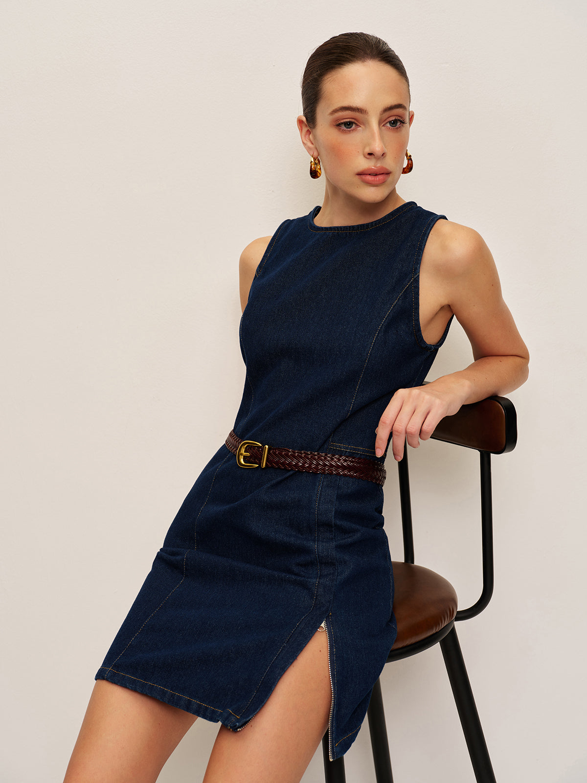 Kolsuz Denim Elbise Lacivert Yırtmaç Detaylı