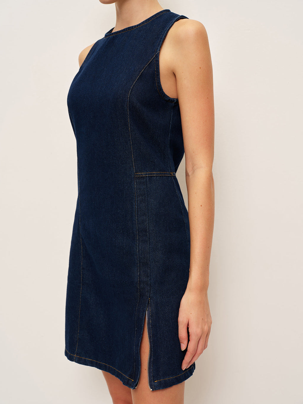 Kolsuz Denim Elbise Lacivert Yırtmaç Detaylı