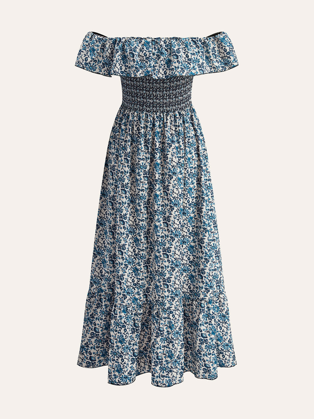 Mavi Fırfır Detaylı Boho Düşük Omuz Çiçek Desenli Maxi Elbise