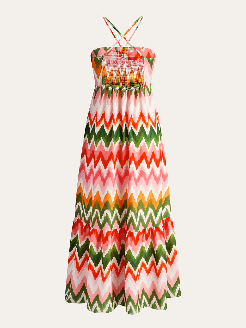 Çok Renkli Büzgülü Zigzag Desenli Askılı Maxi Elbise