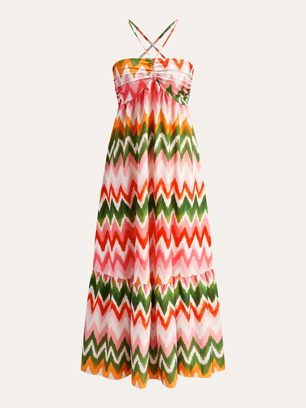 Çok Renkli Büzgülü Zigzag Desenli Askılı Maxi Elbise