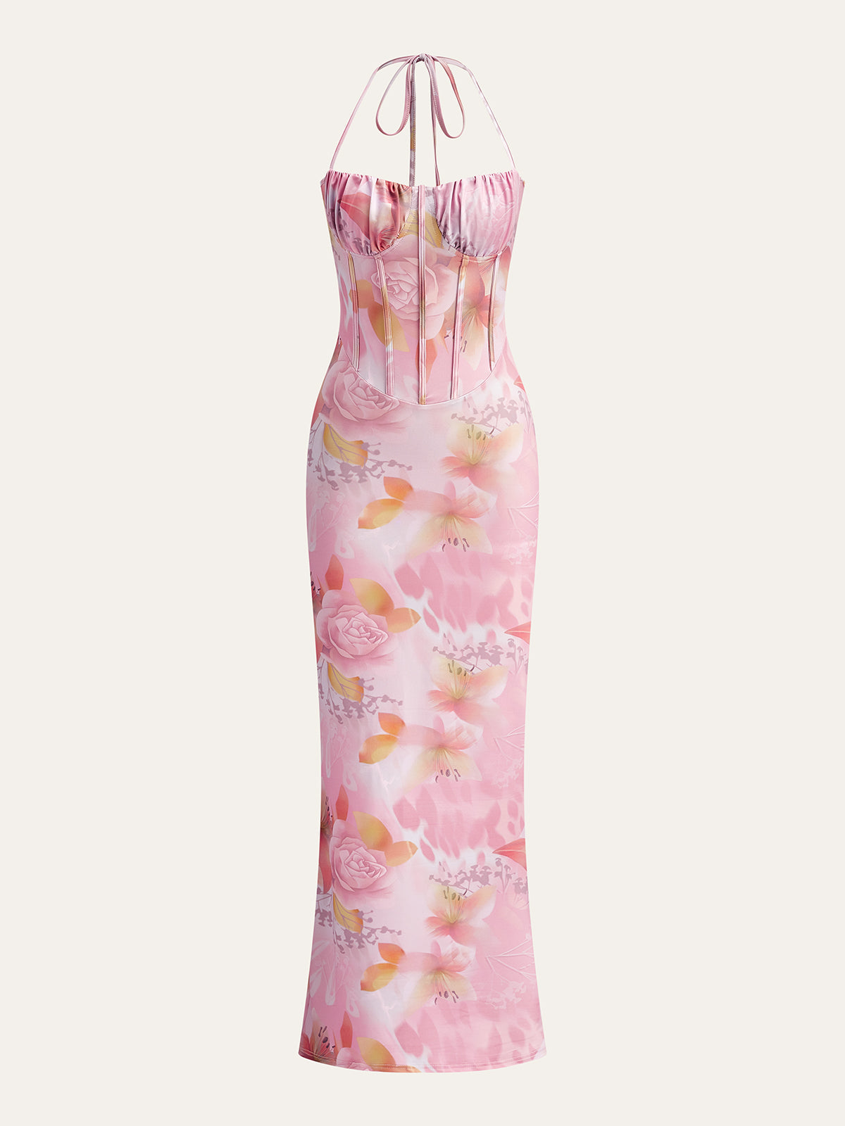 Çiçek Desenli Halter Abiye Elbise Pembe Kalp Yaka