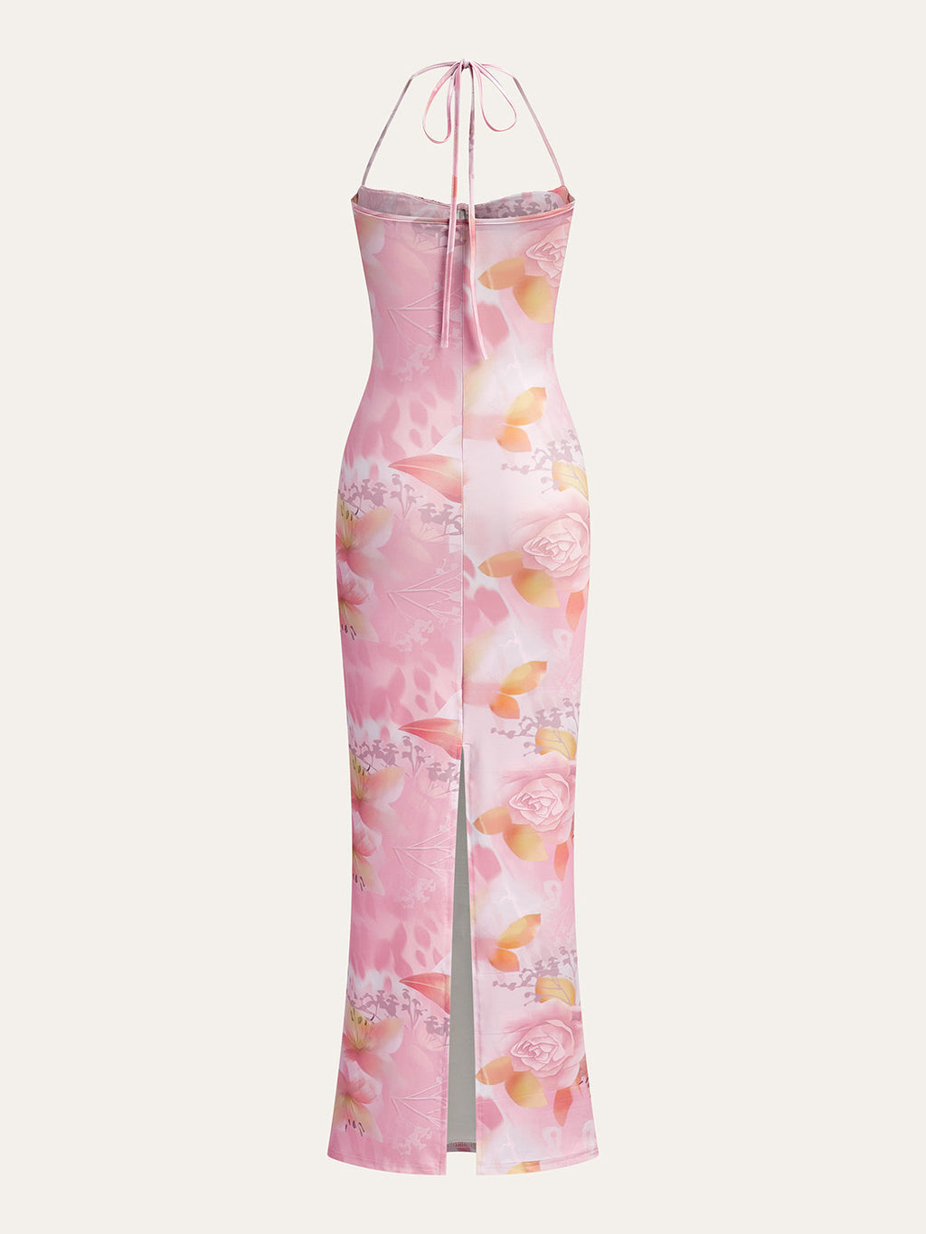 Çiçek Desenli Halter Abiye Elbise Pembe Kalp Yaka